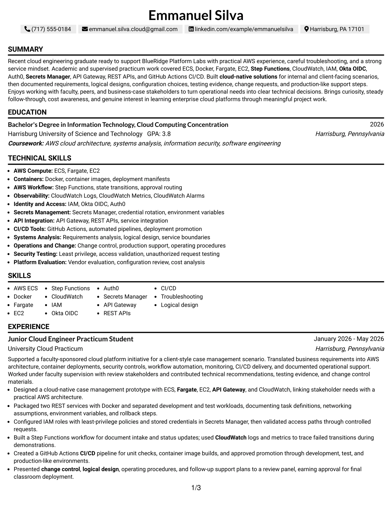 Resume Example Page 1