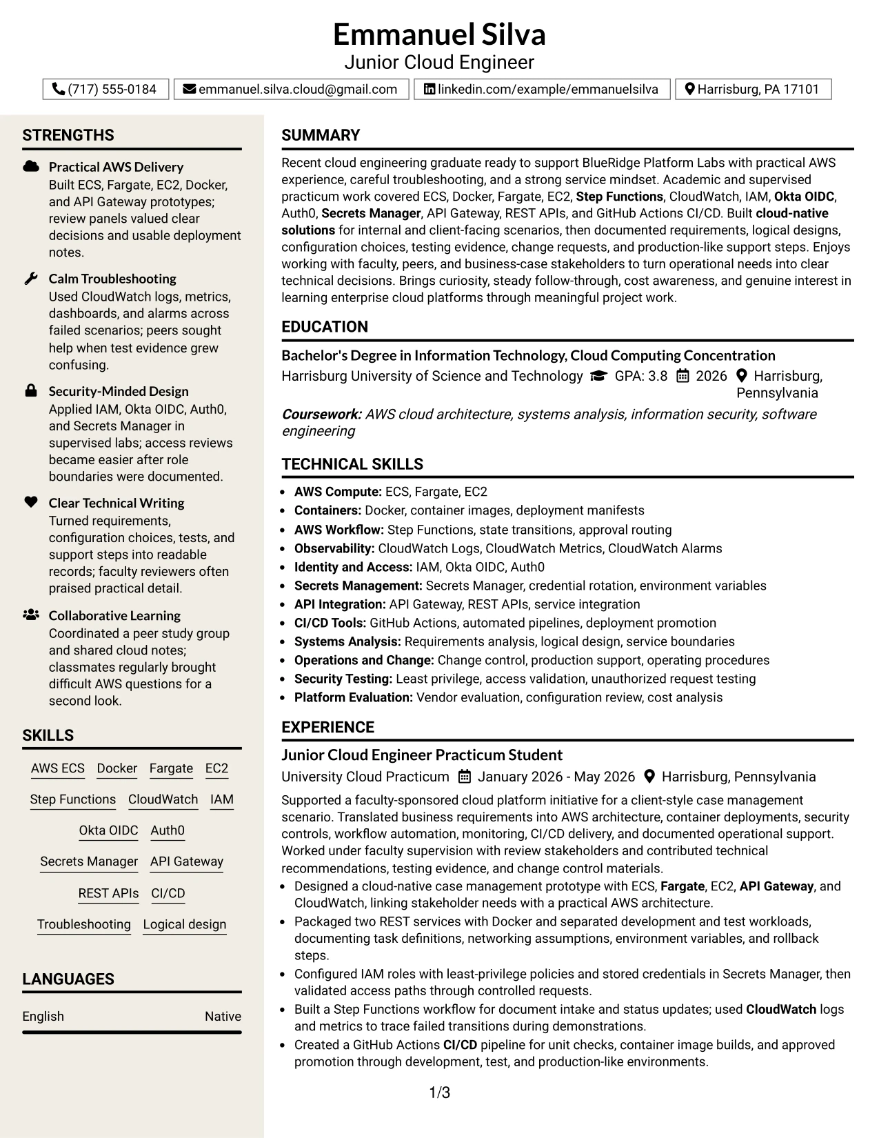 Resume Example Page 1