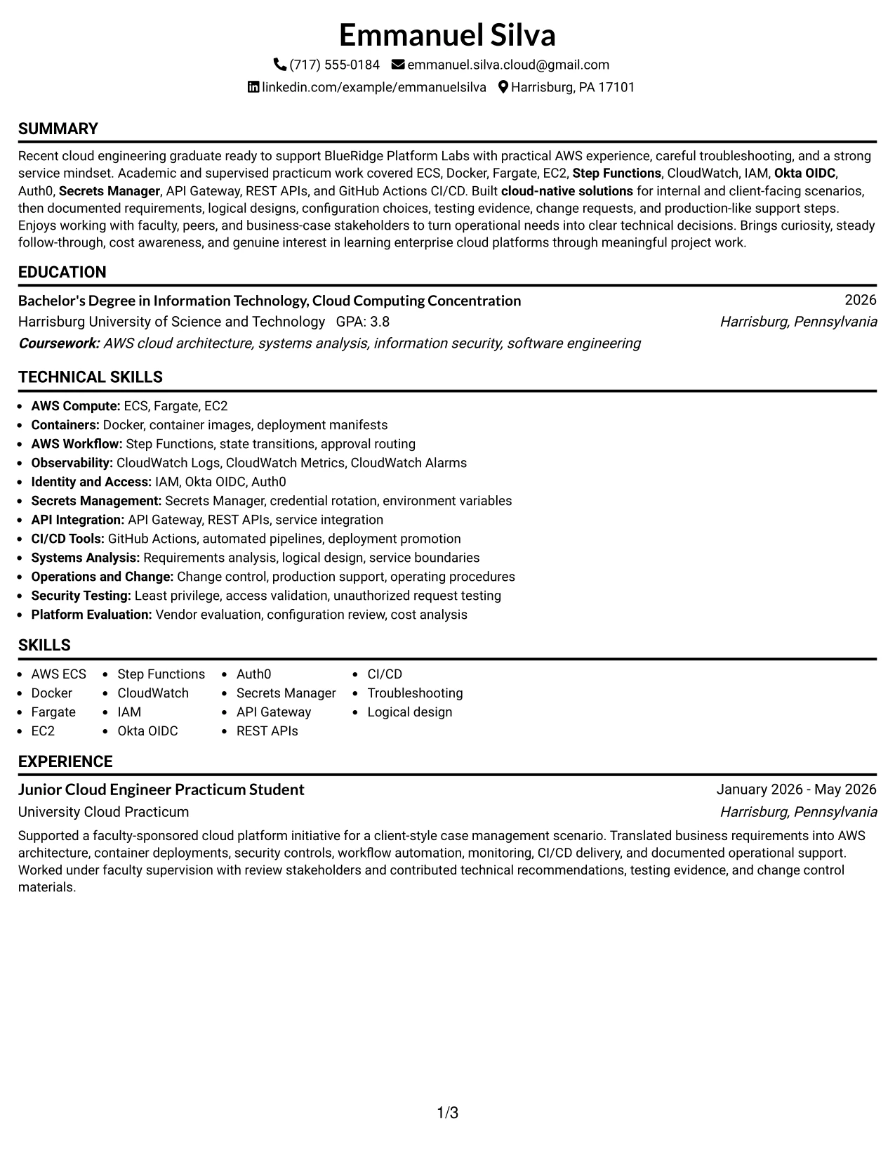 Resume Example Page 1
