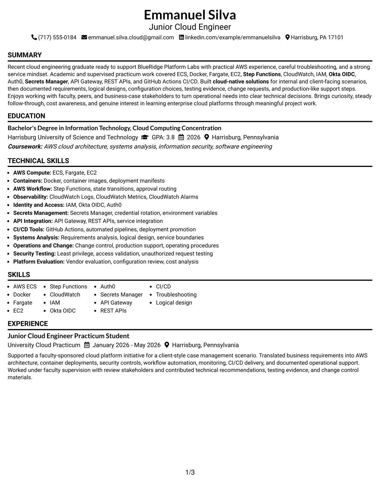 Resume Example Page 1