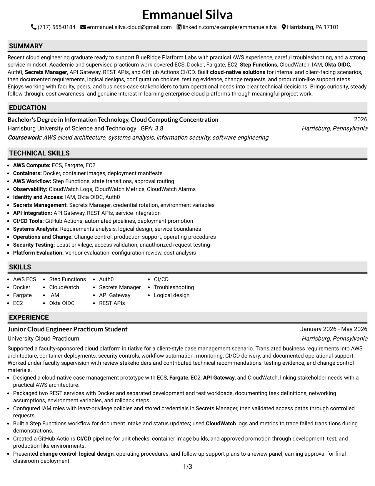 Resume Example Page 1