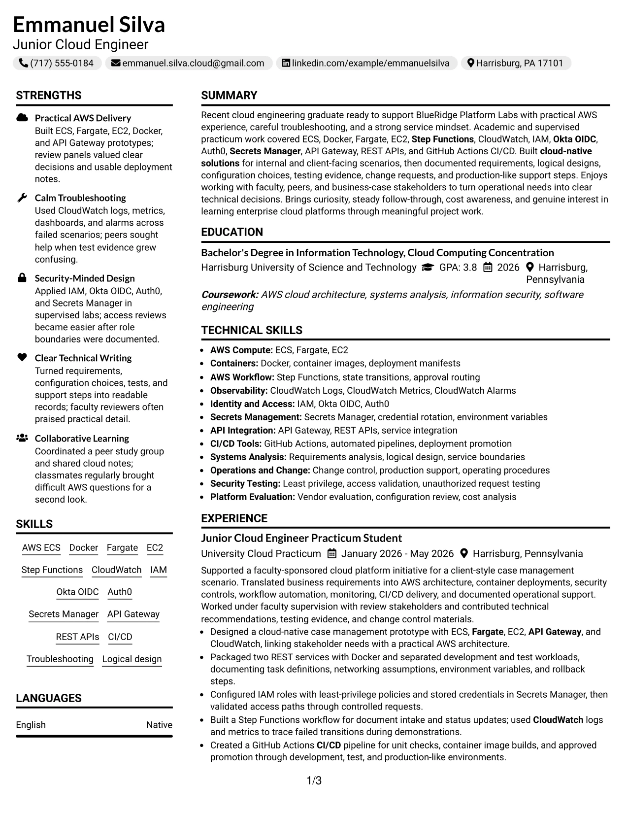 Resume Example Page 1