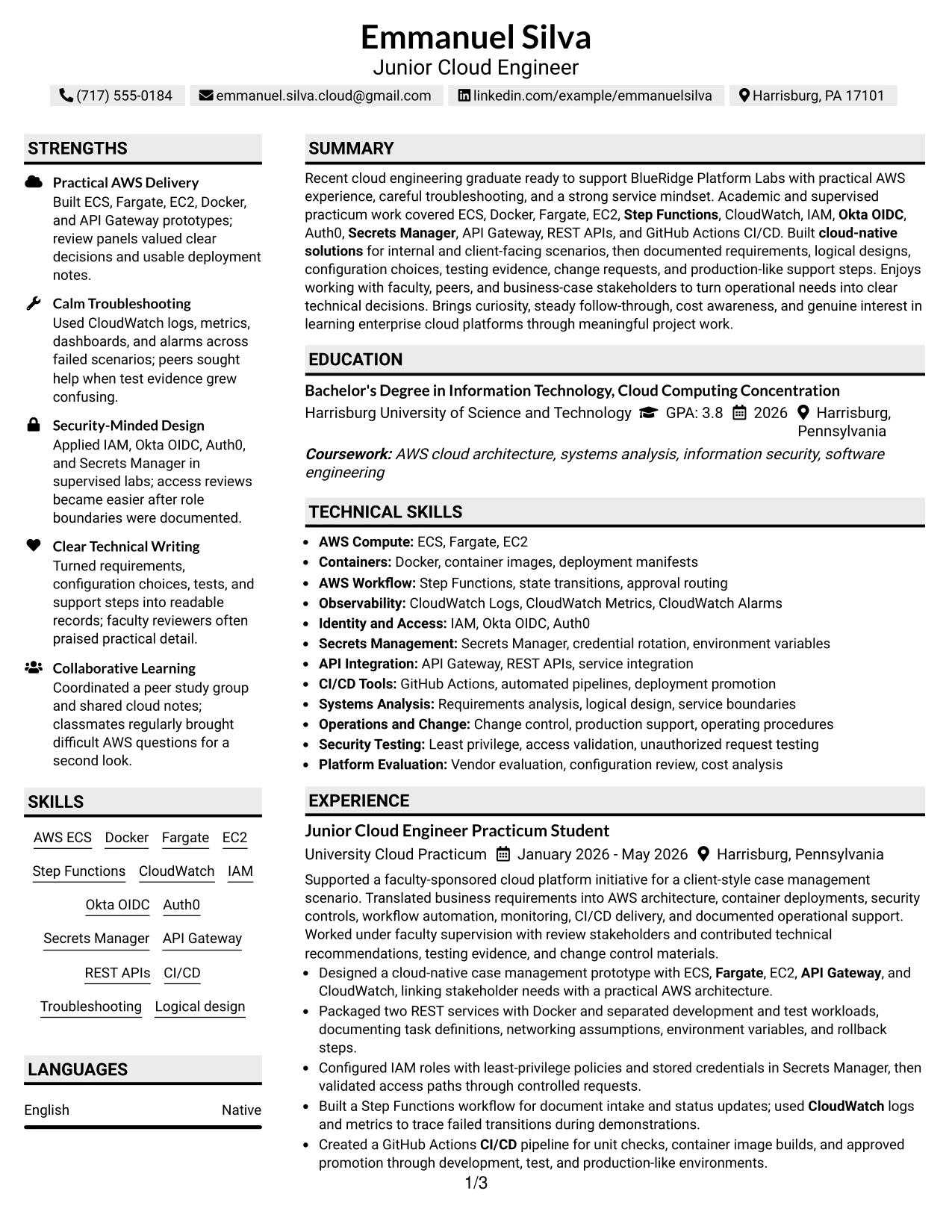 Resume Example Page 1