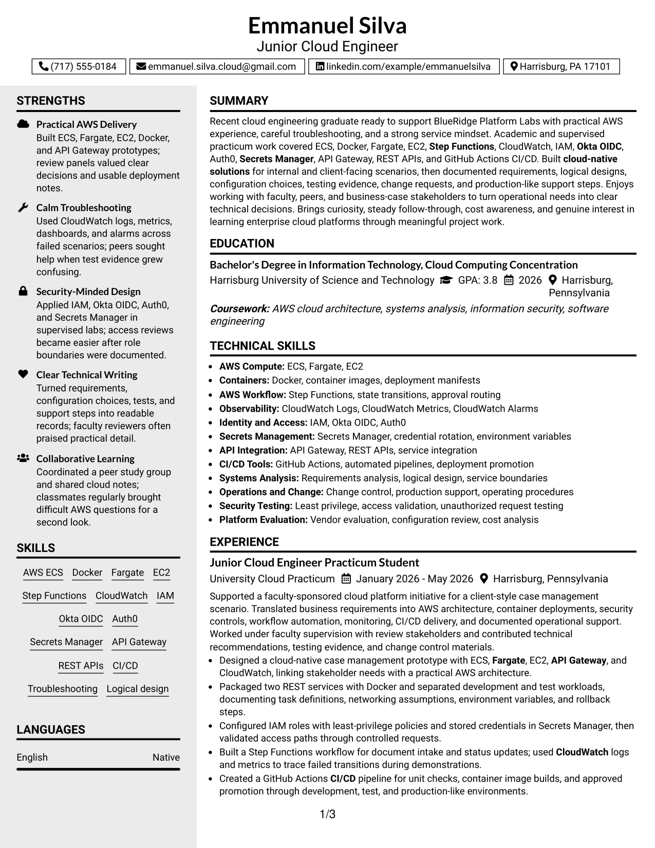 Resume Example Page 1