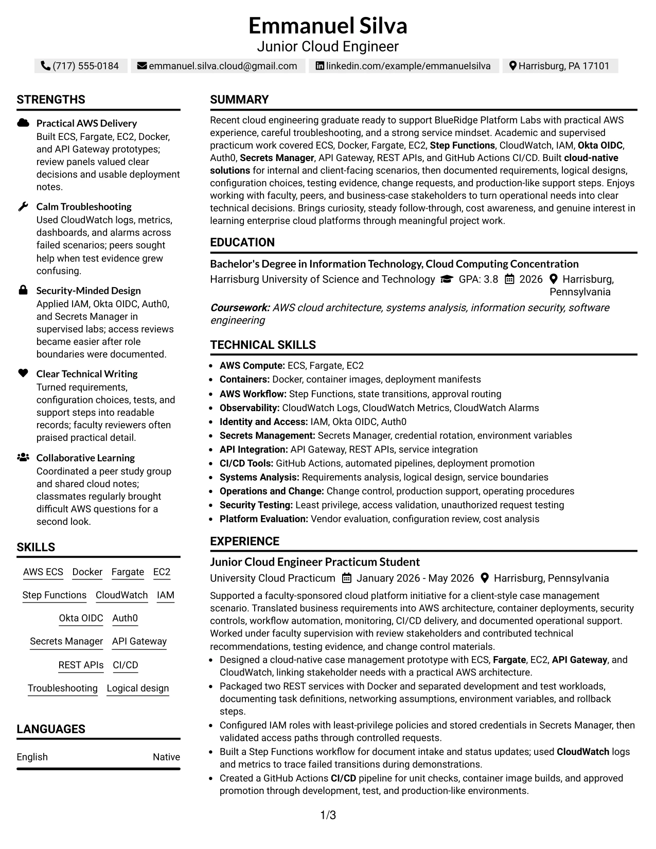 Resume Example Page 1