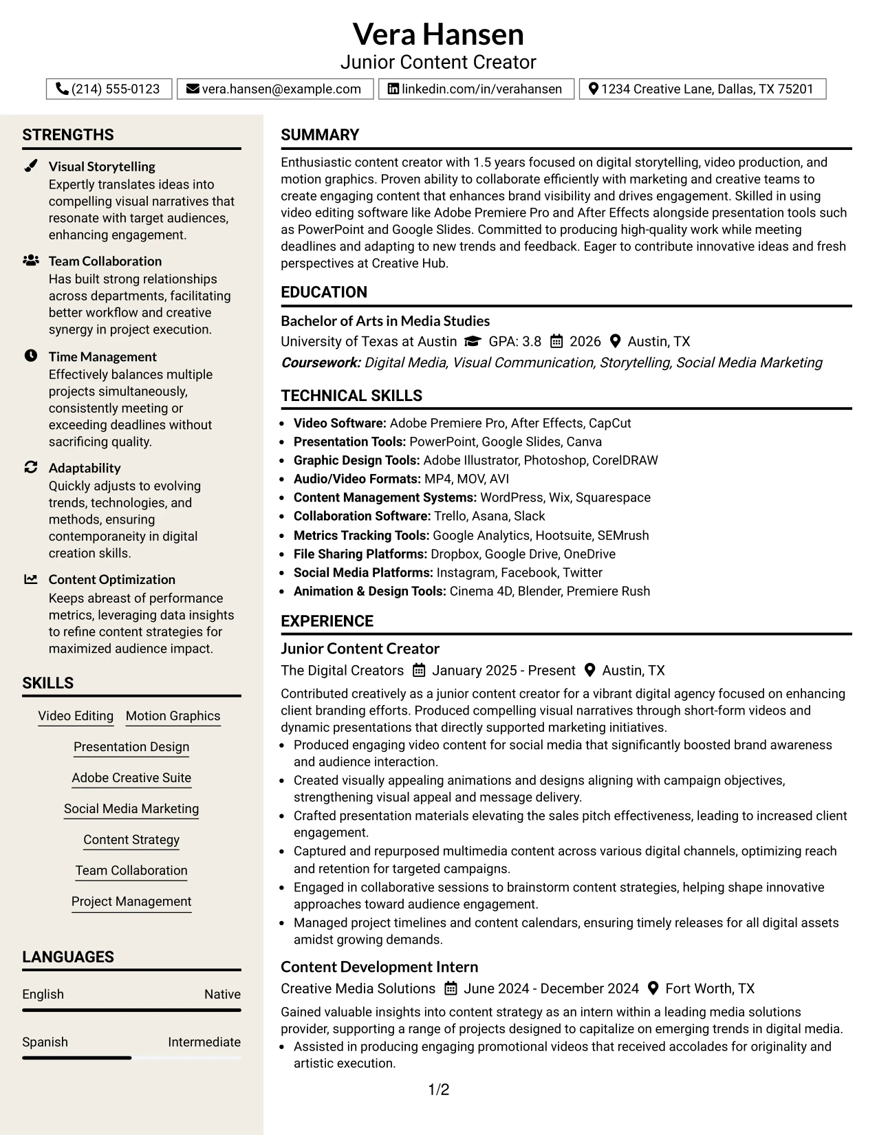Resume Example Page 1