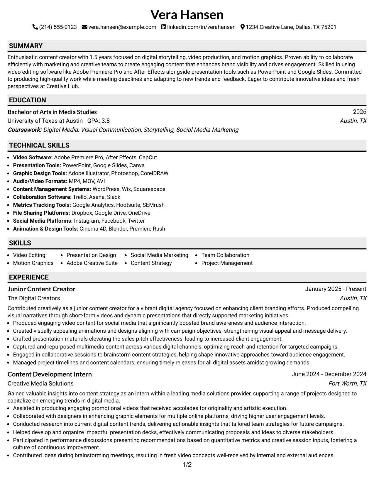 Resume Example Page 1