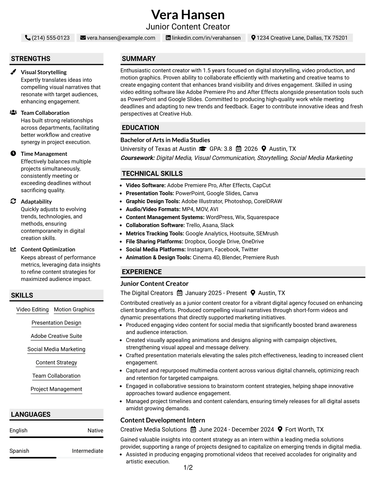 Resume Example Page 1
