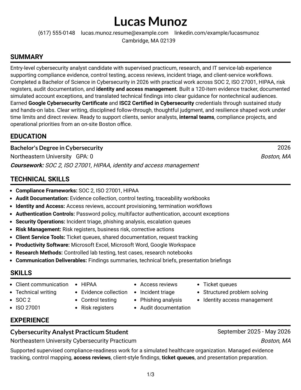 Resume Example Page 1