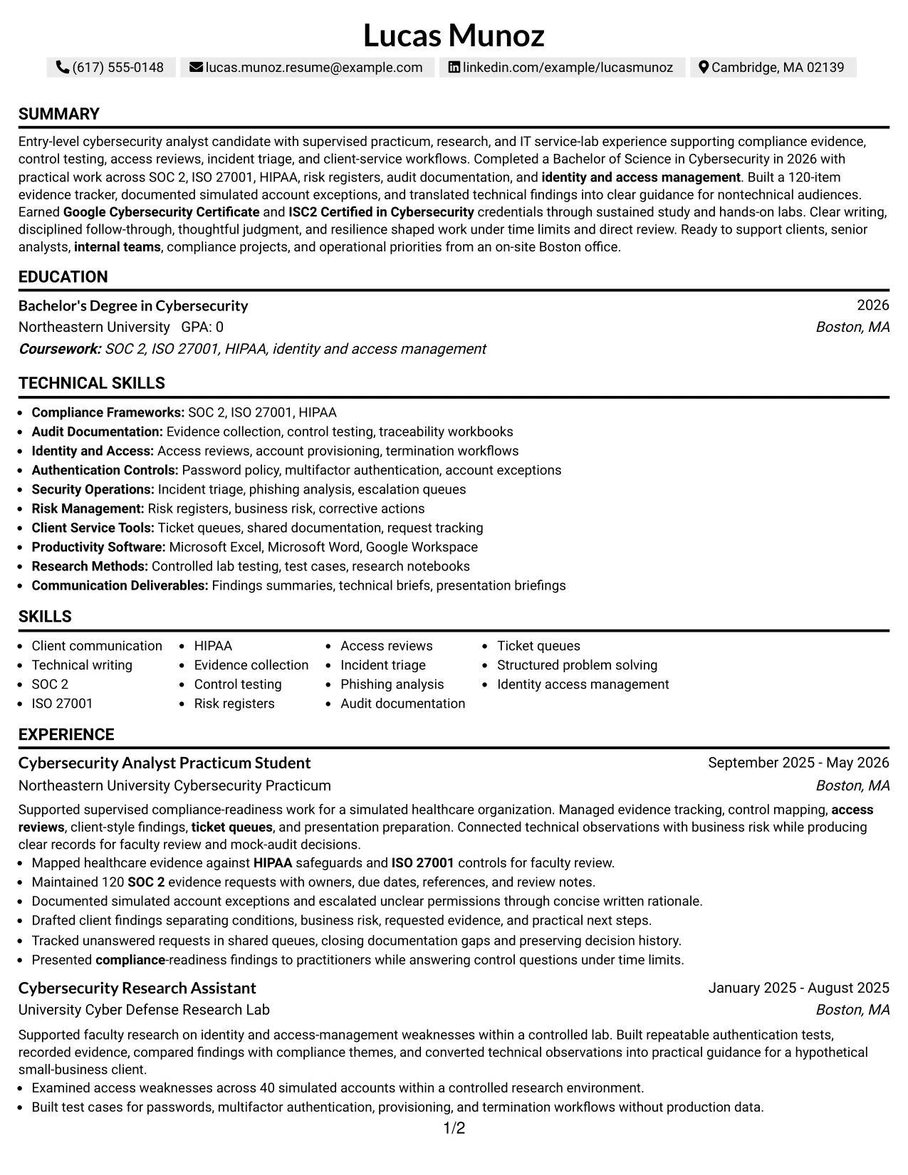 Resume Example Page 1