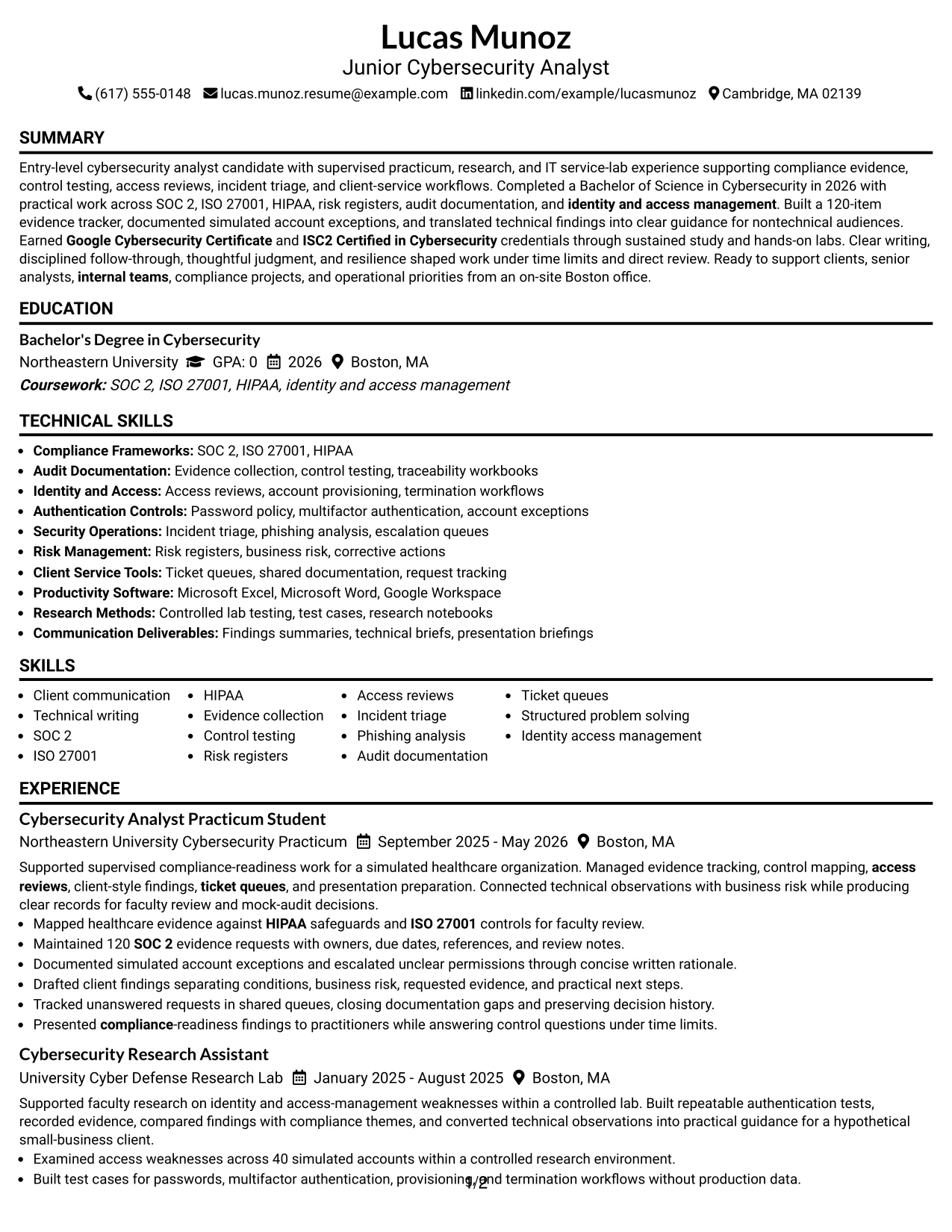 Resume Example Page 1
