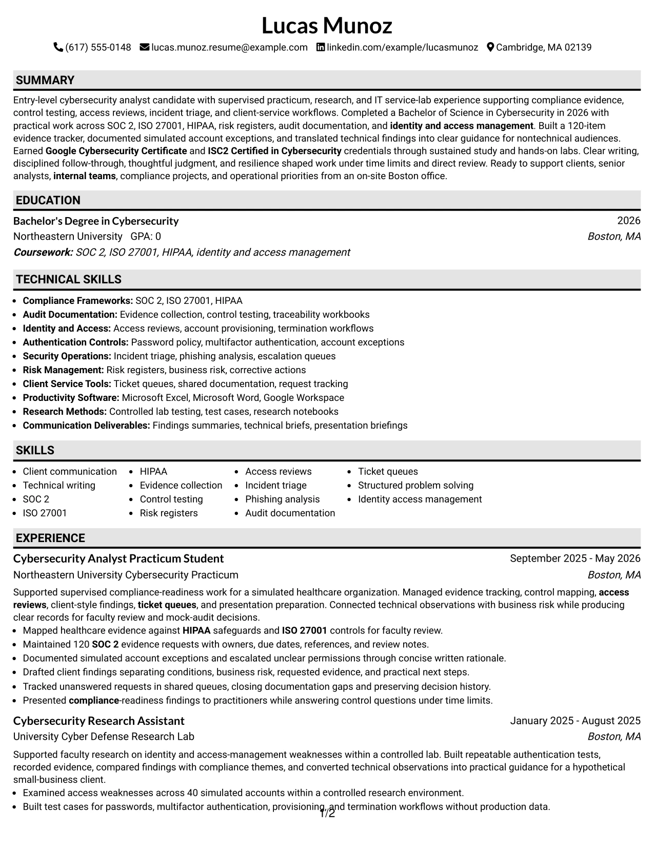 Resume Example Page 1