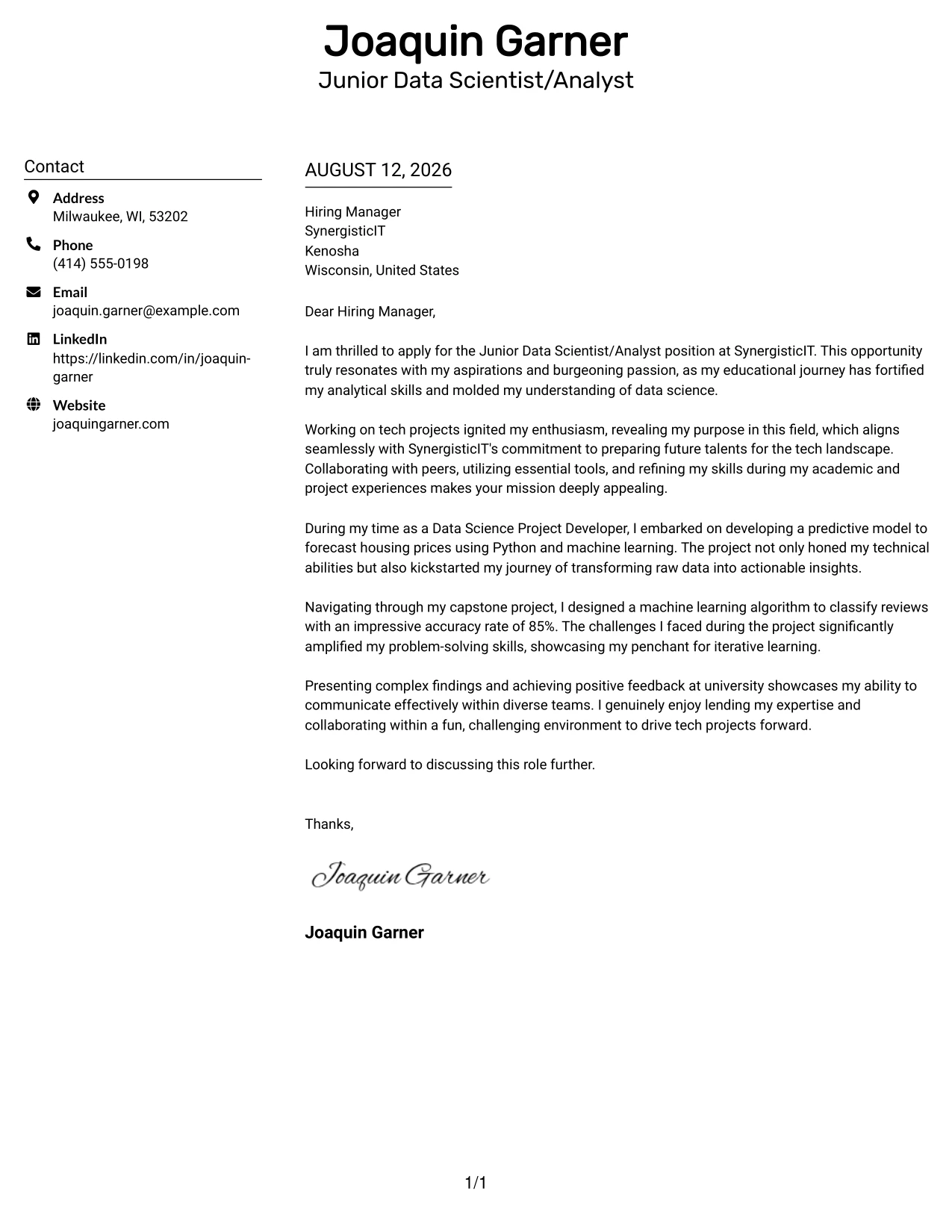 Resume Example Page 1