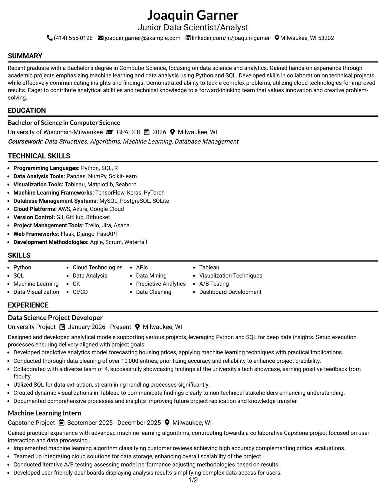 Resume Example Page 1