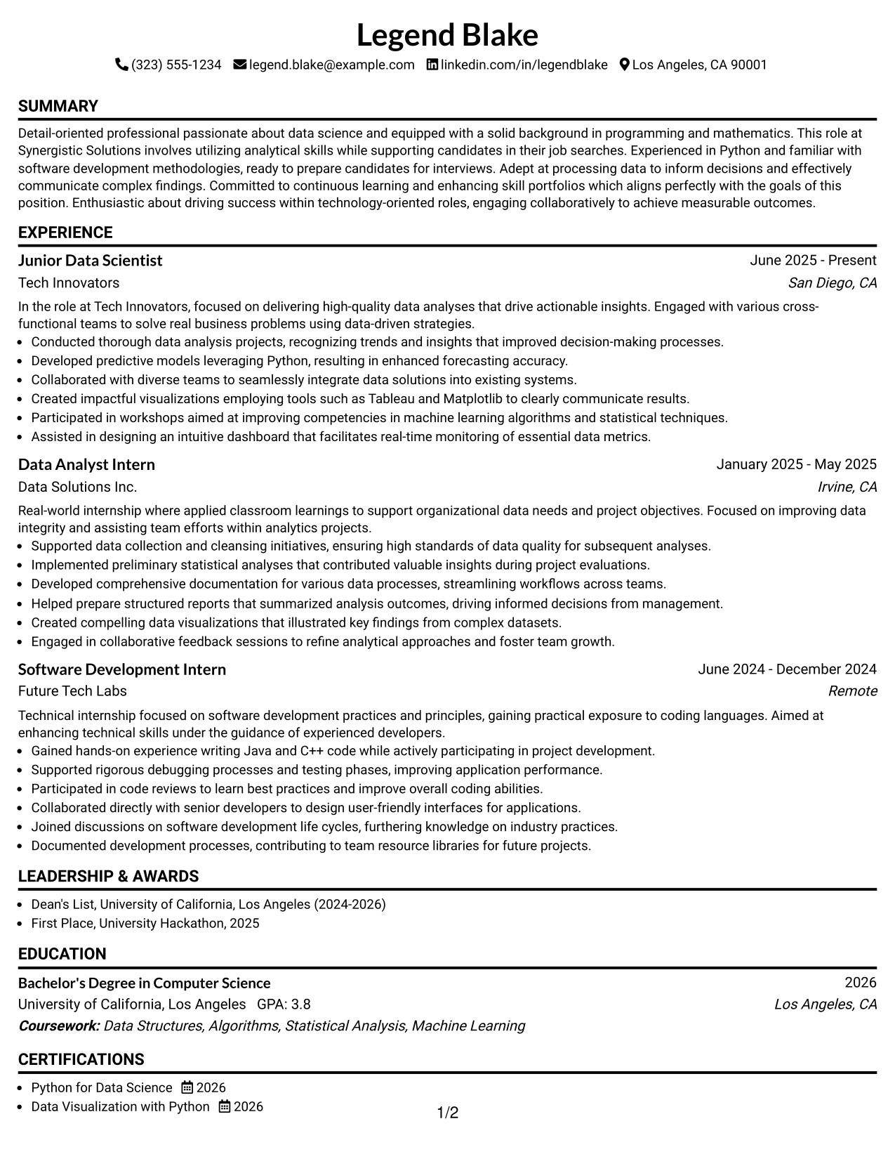 Resume Example Page 1