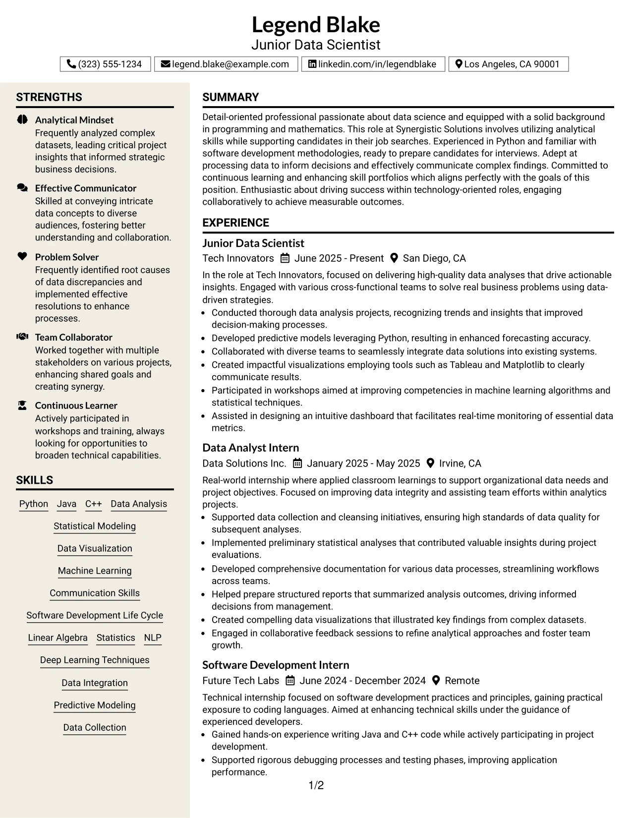 Resume Example Page 1