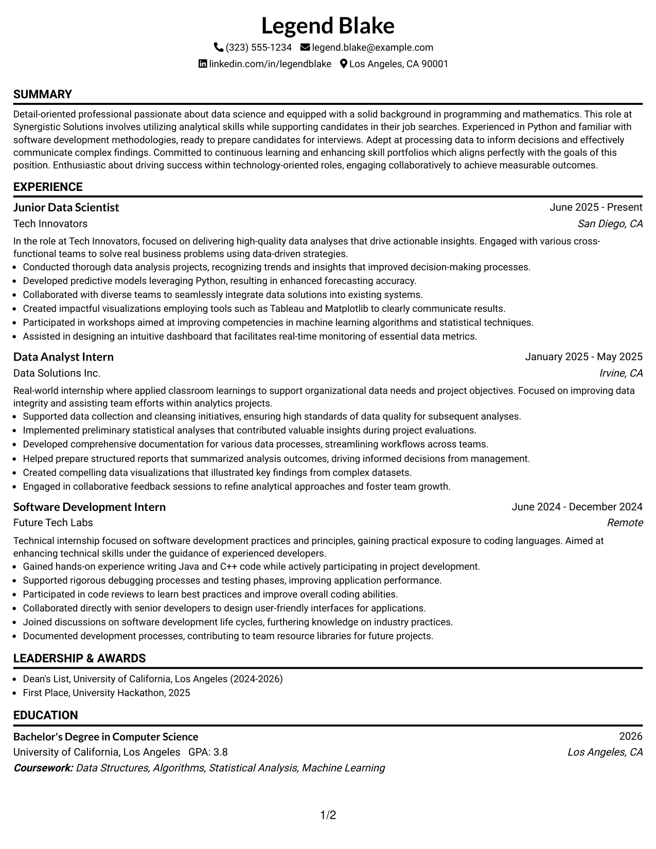 Resume Example Page 1