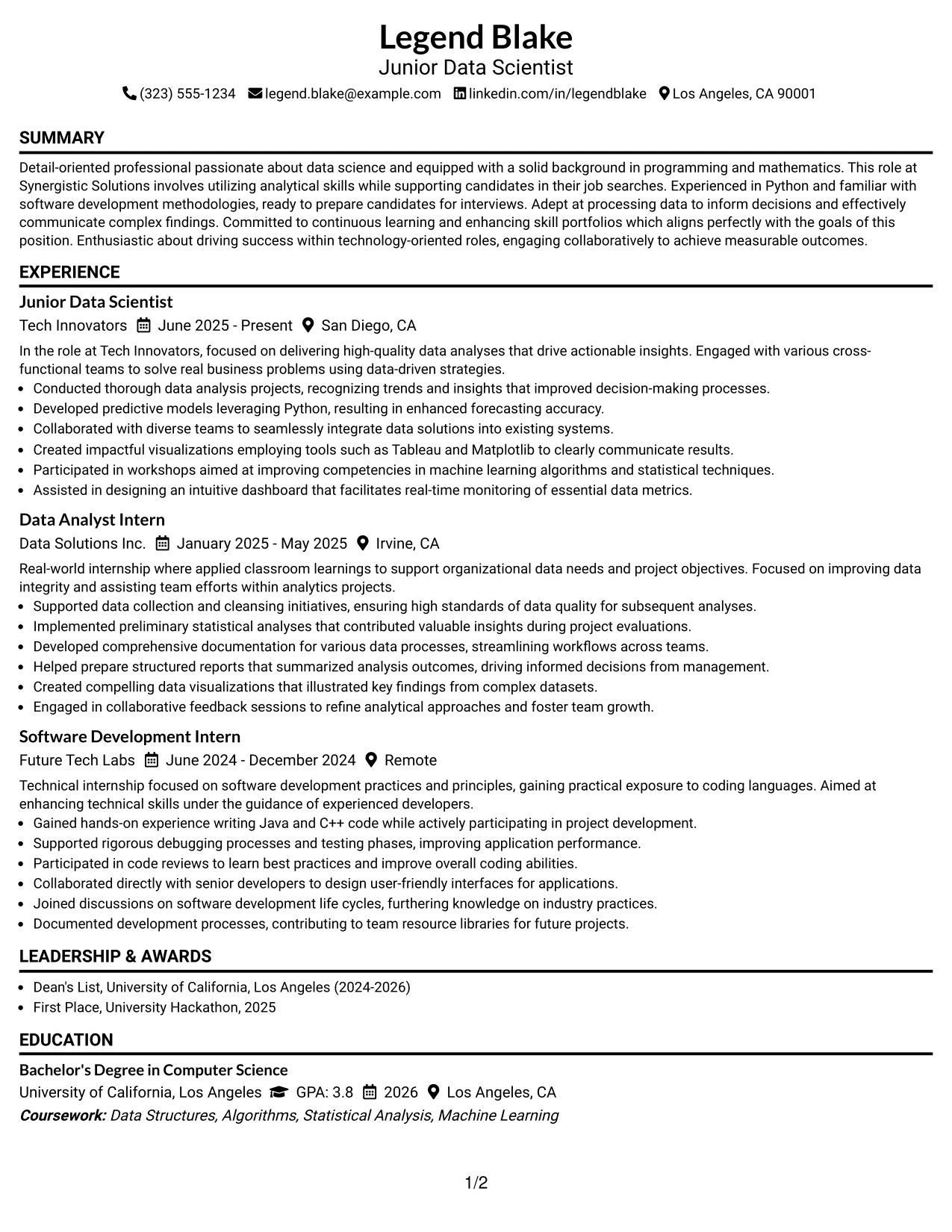 Resume Example Page 1