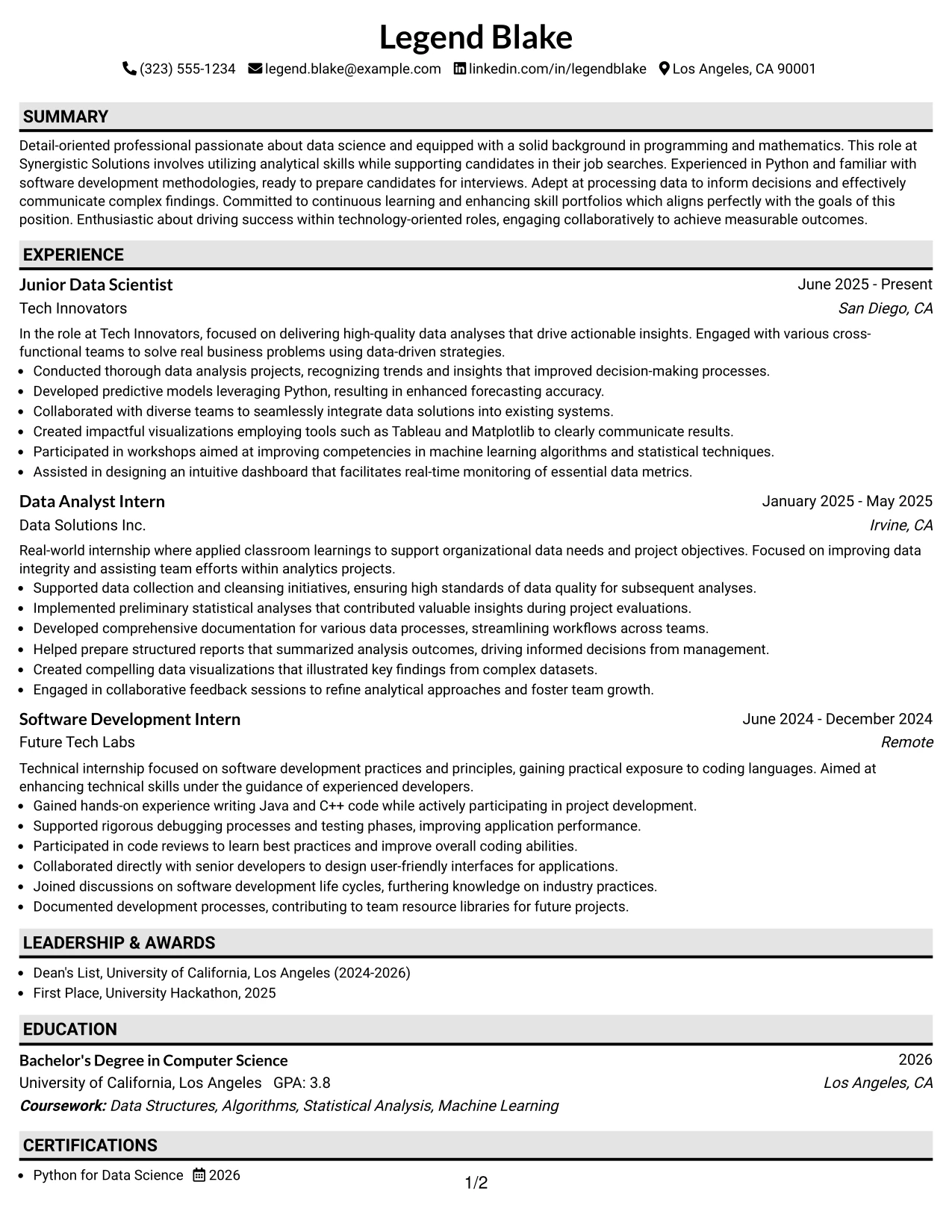 Resume Example Page 1