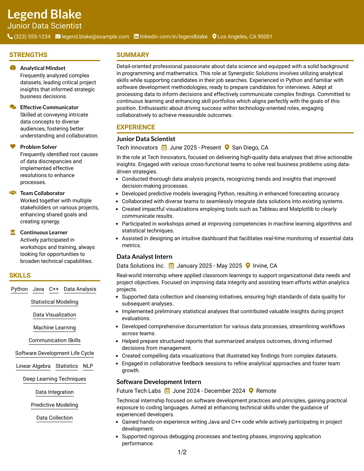 Resume Example Page 1