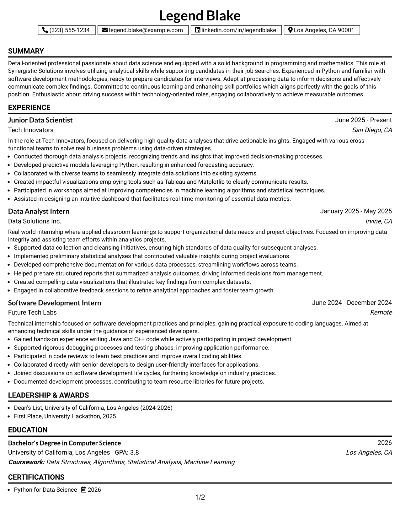 Resume Example Page 1