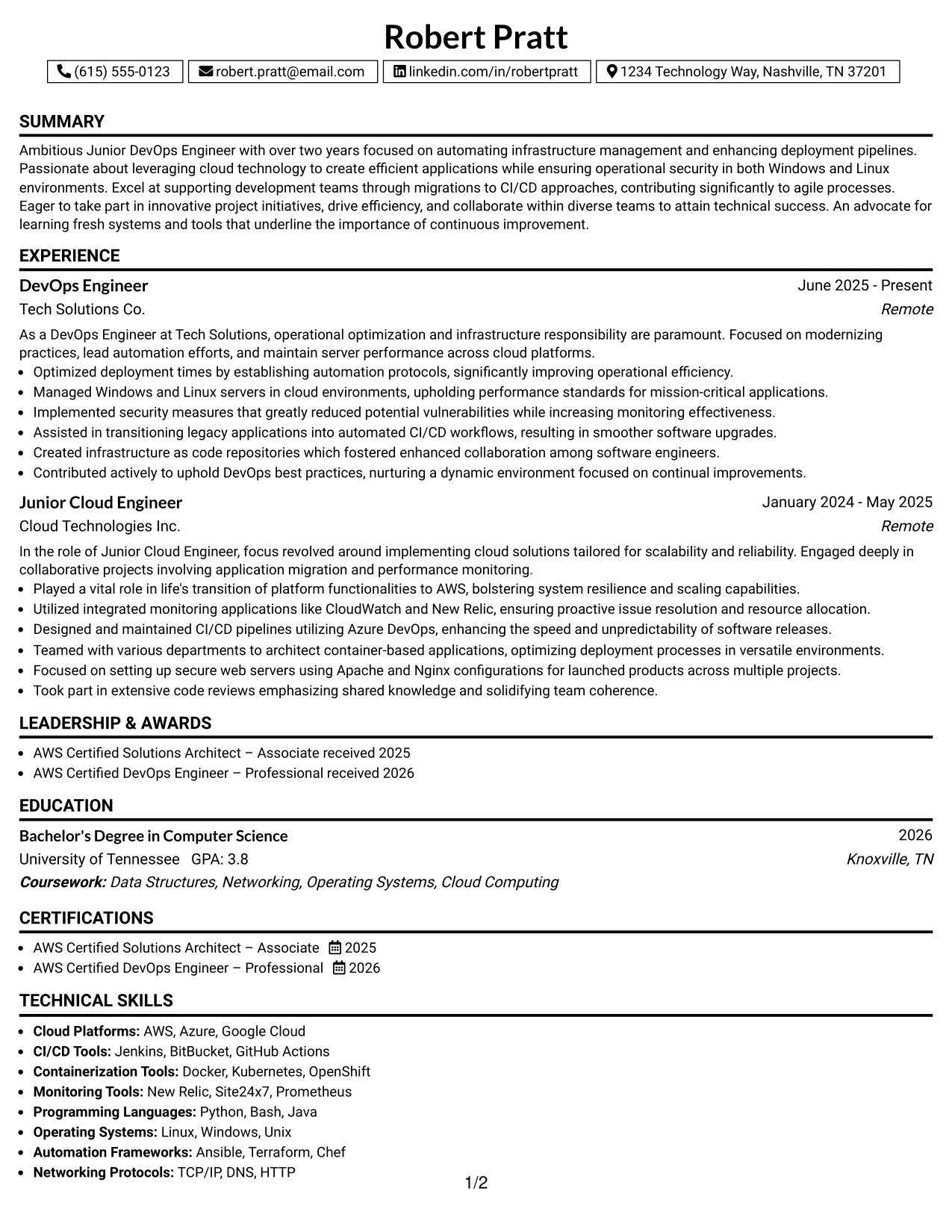 Resume Example Page 1
