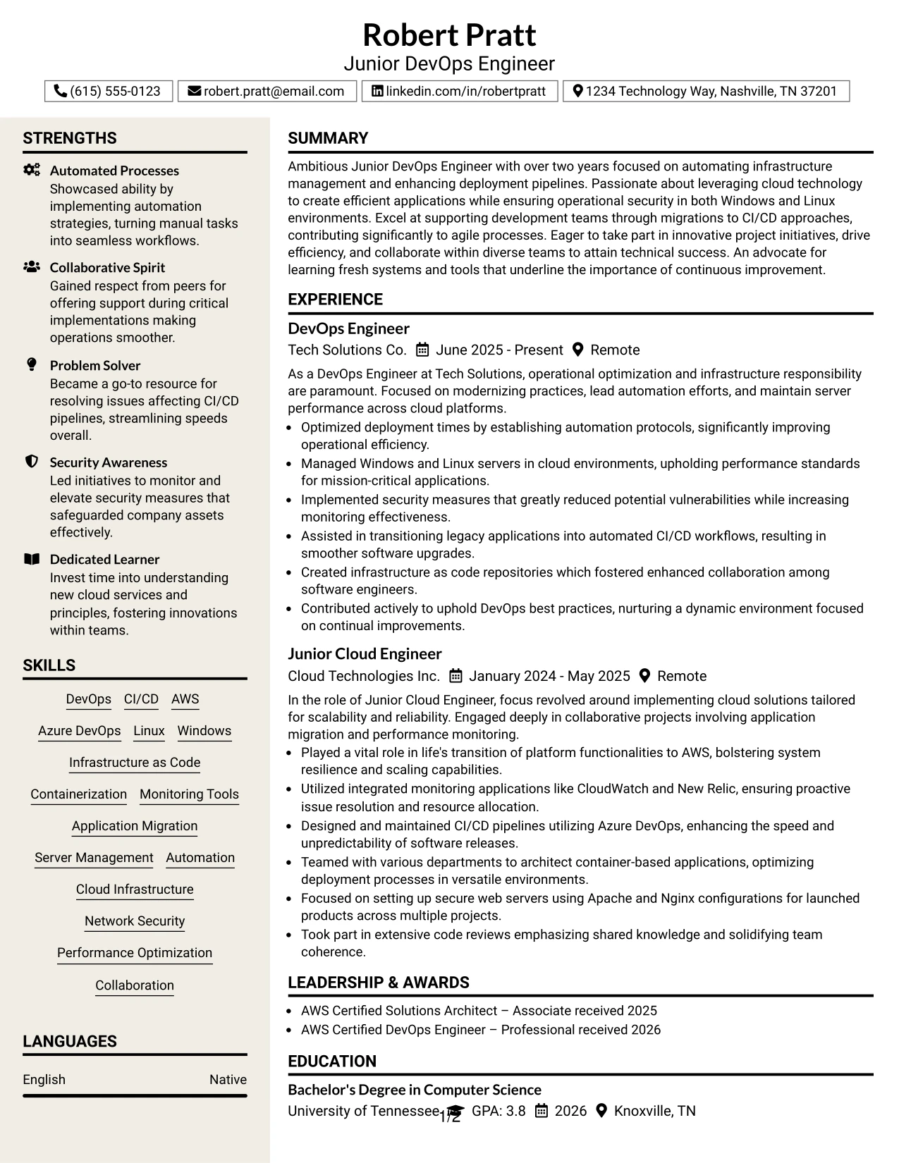 Resume Example Page 1