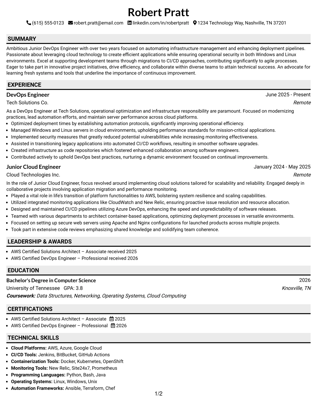 Resume Example Page 1