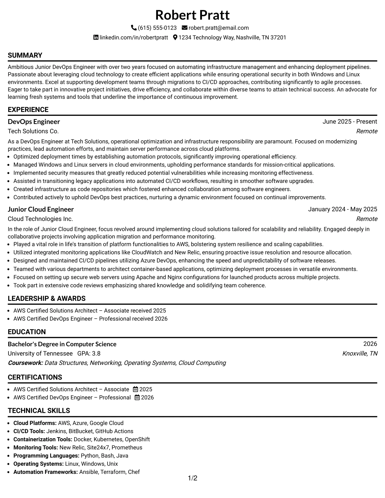 Resume Example Page 1