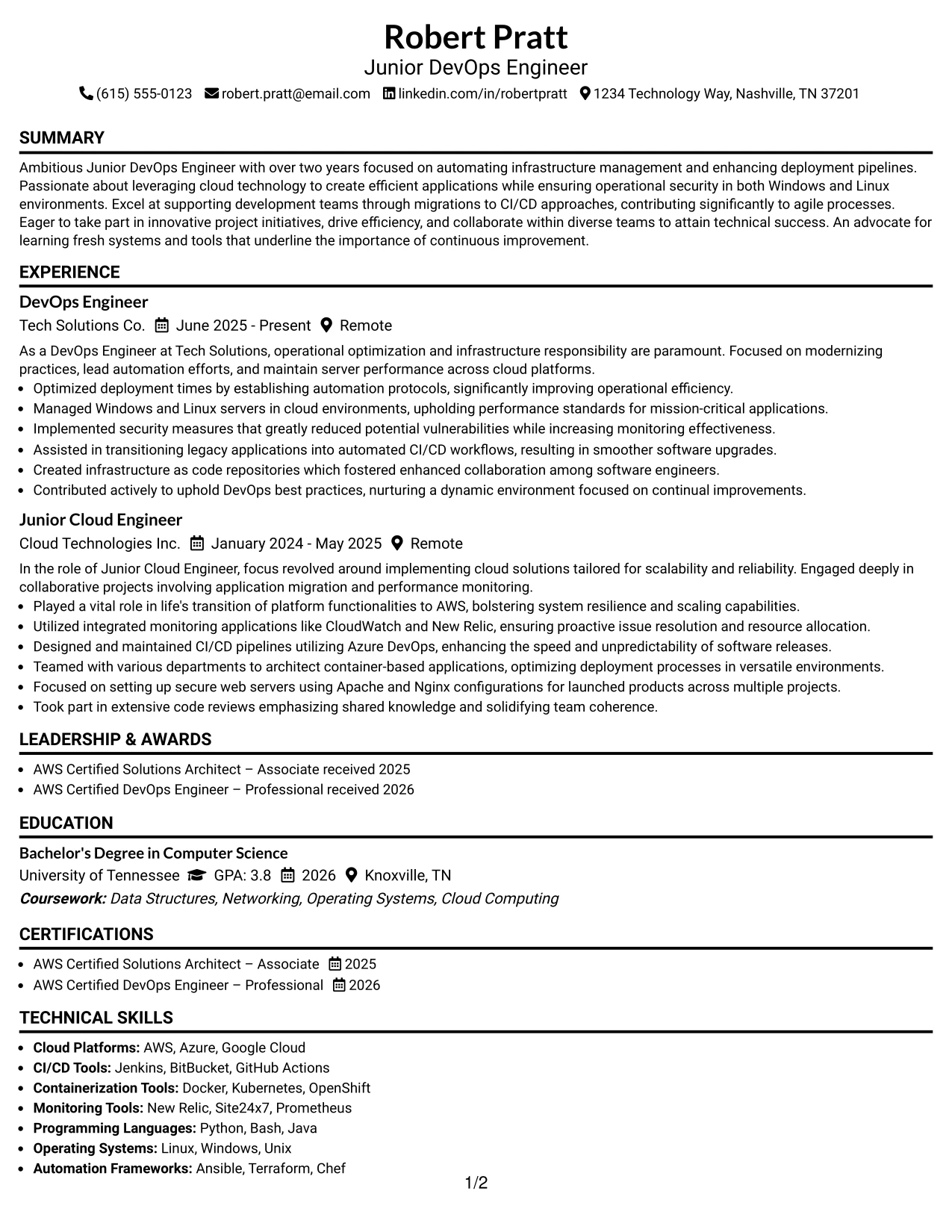 Resume Example Page 1