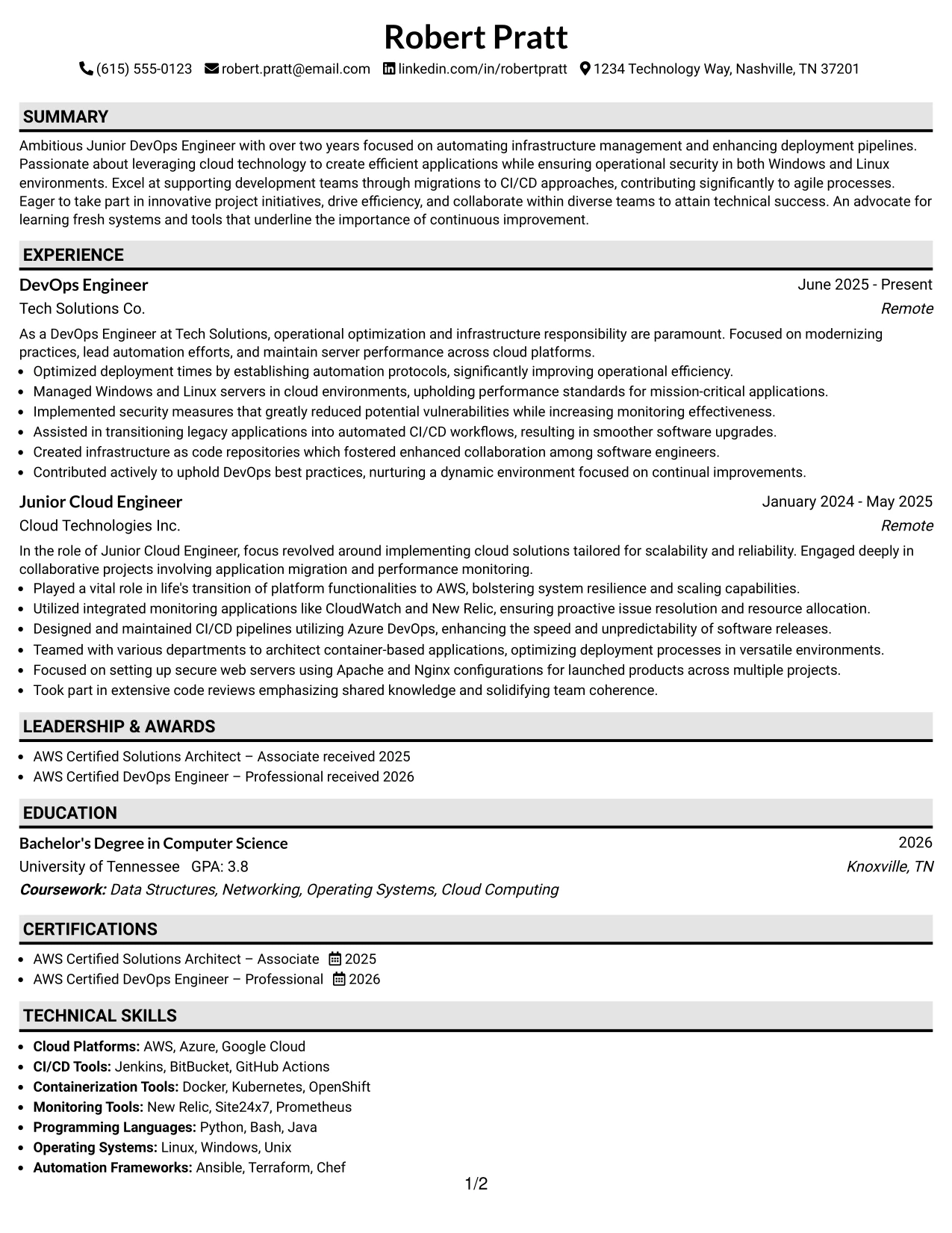Resume Example Page 1