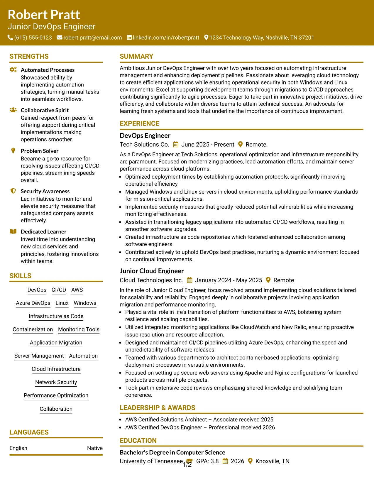 Resume Example Page 1