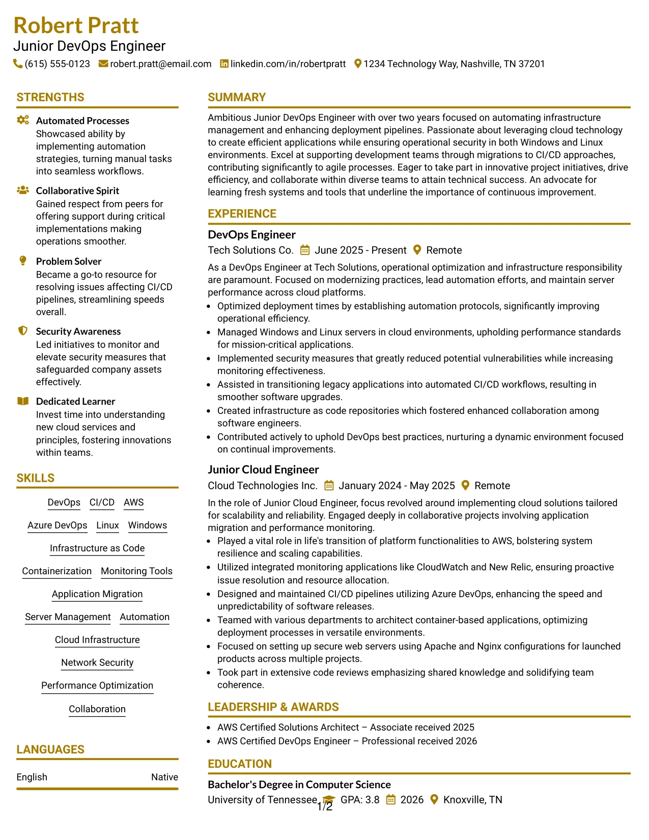 Resume Example Page 1