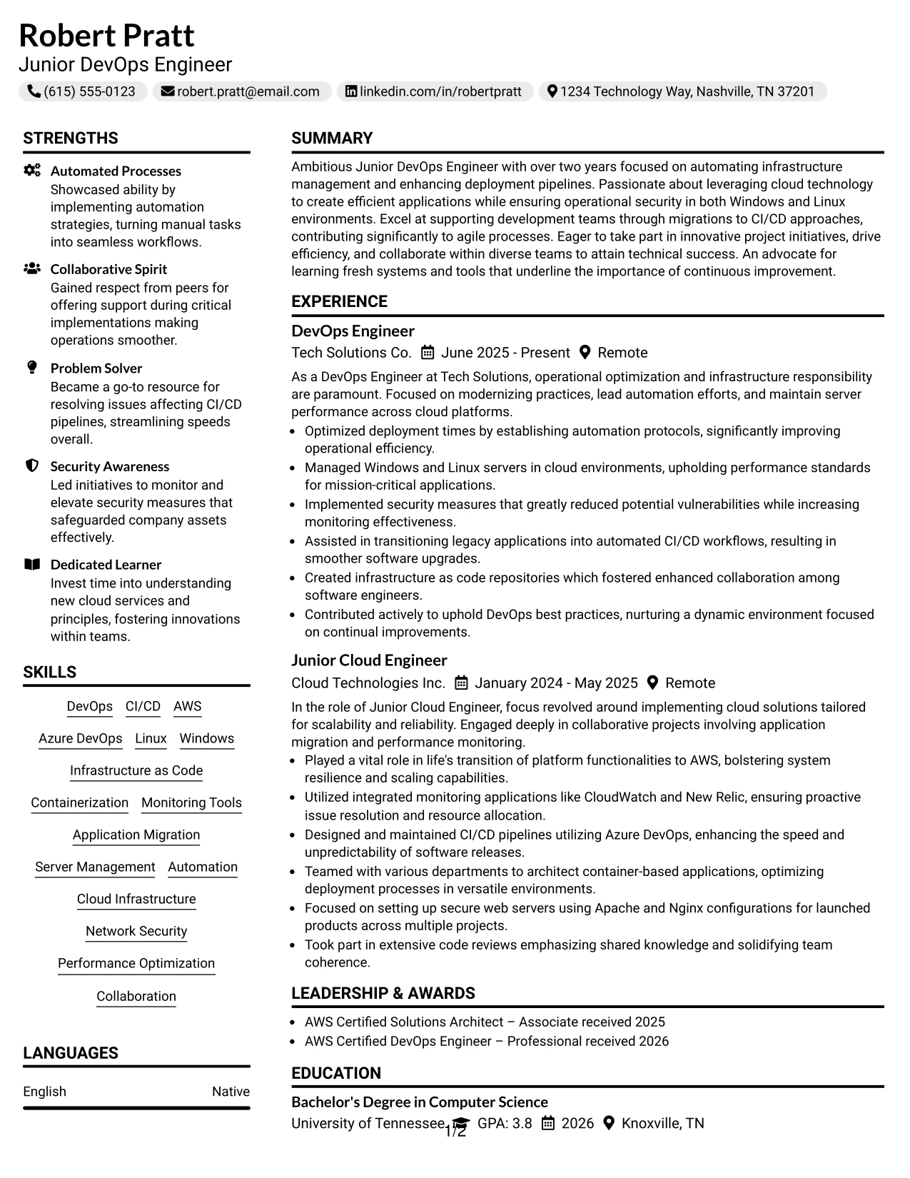 Resume Example Page 1