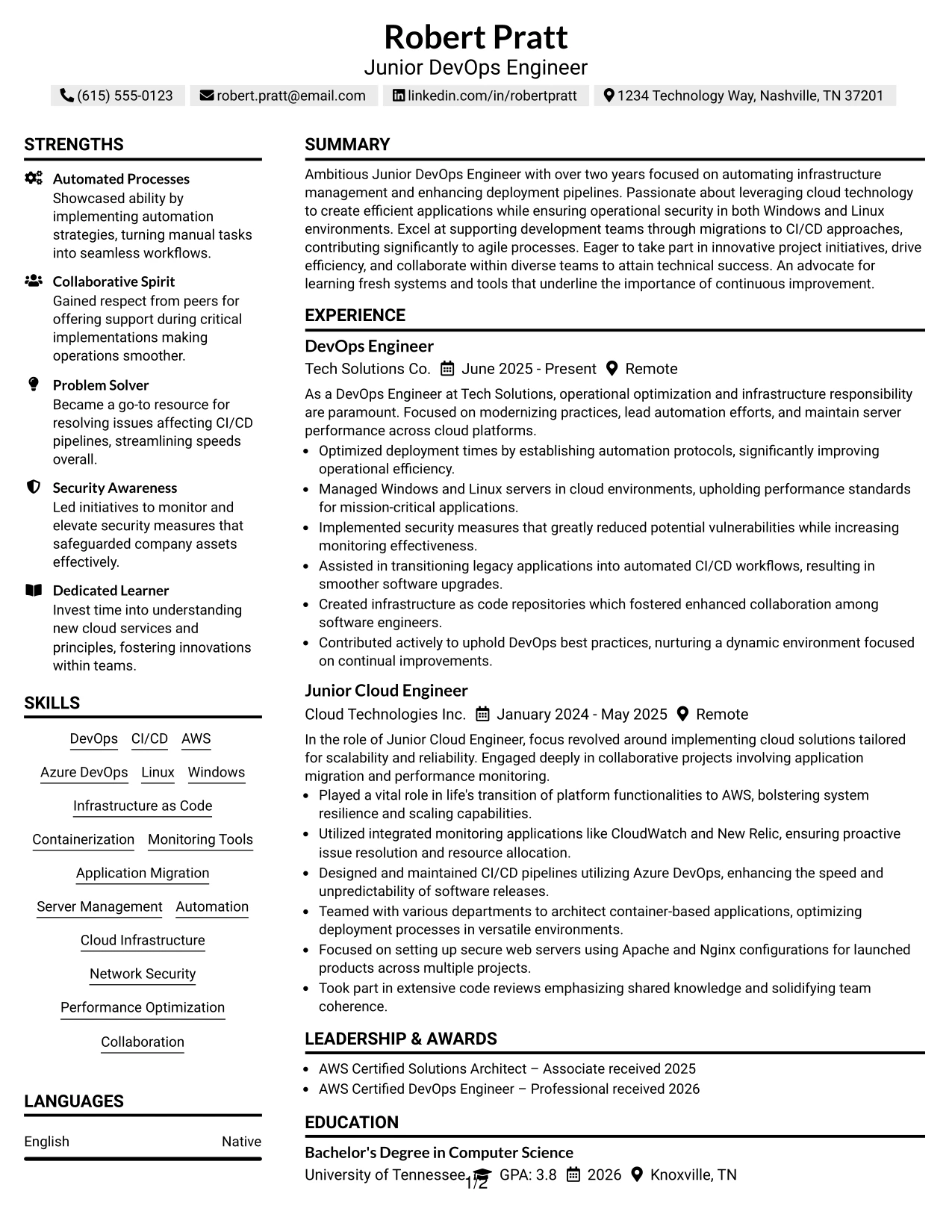 Resume Example Page 1
