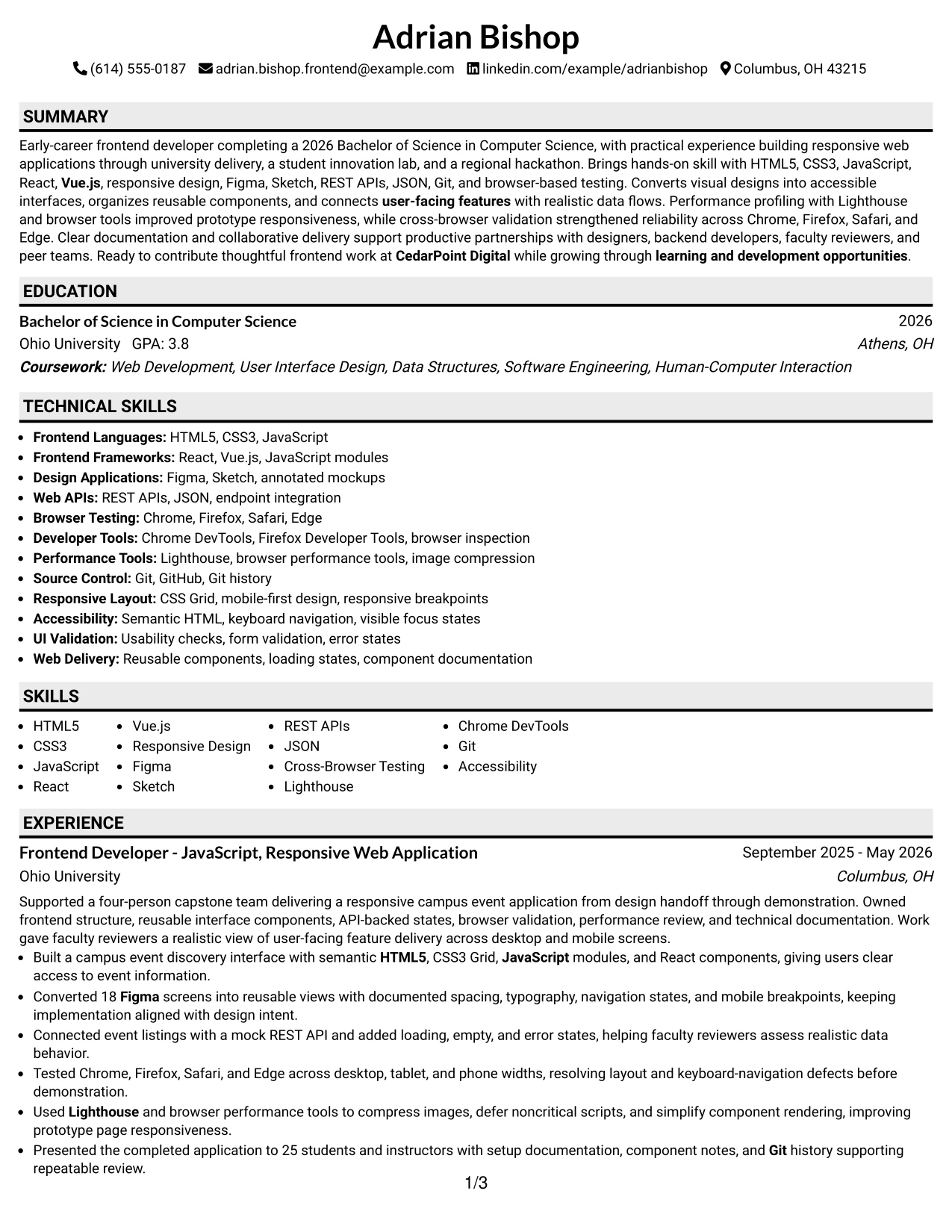 Resume Example Page 1