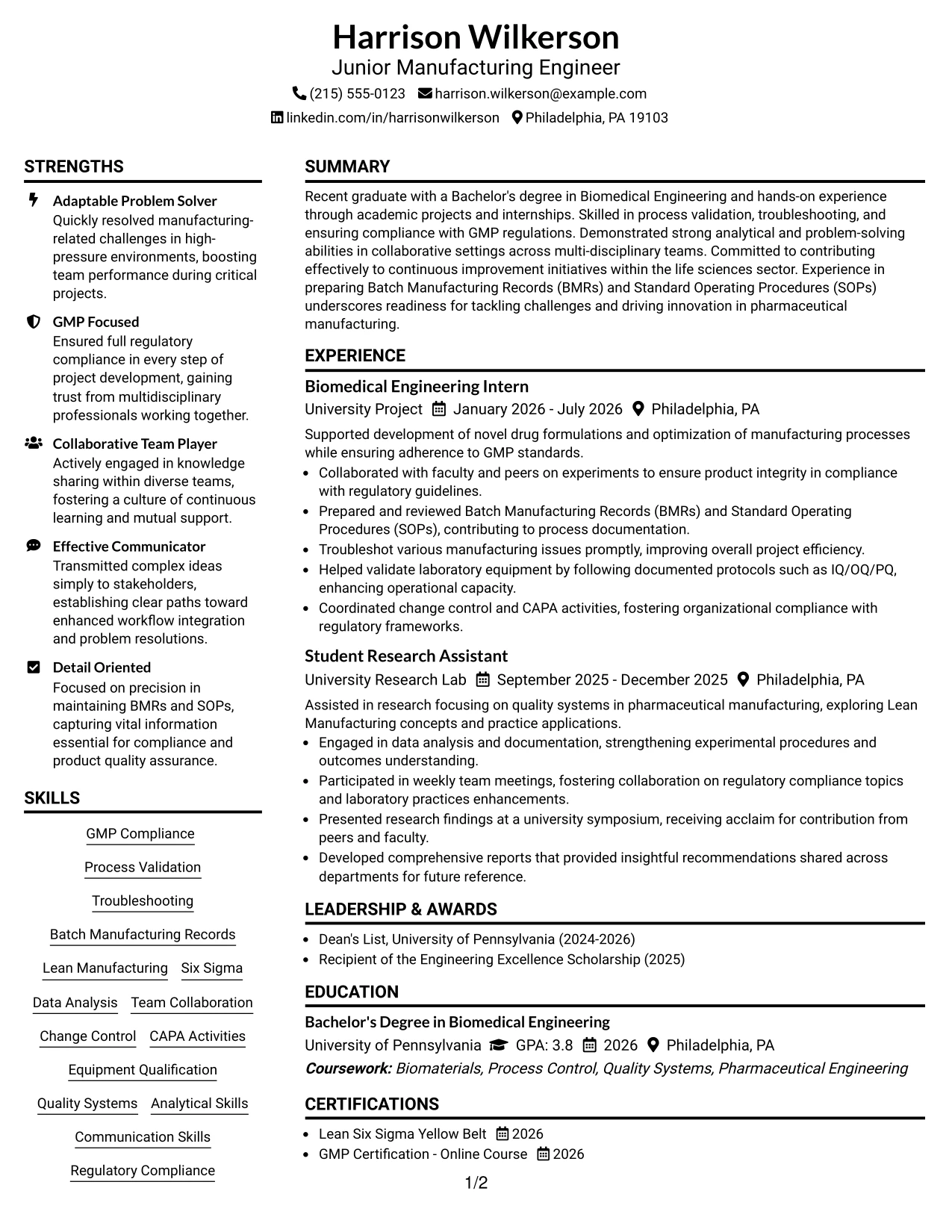 Resume Example Page 1