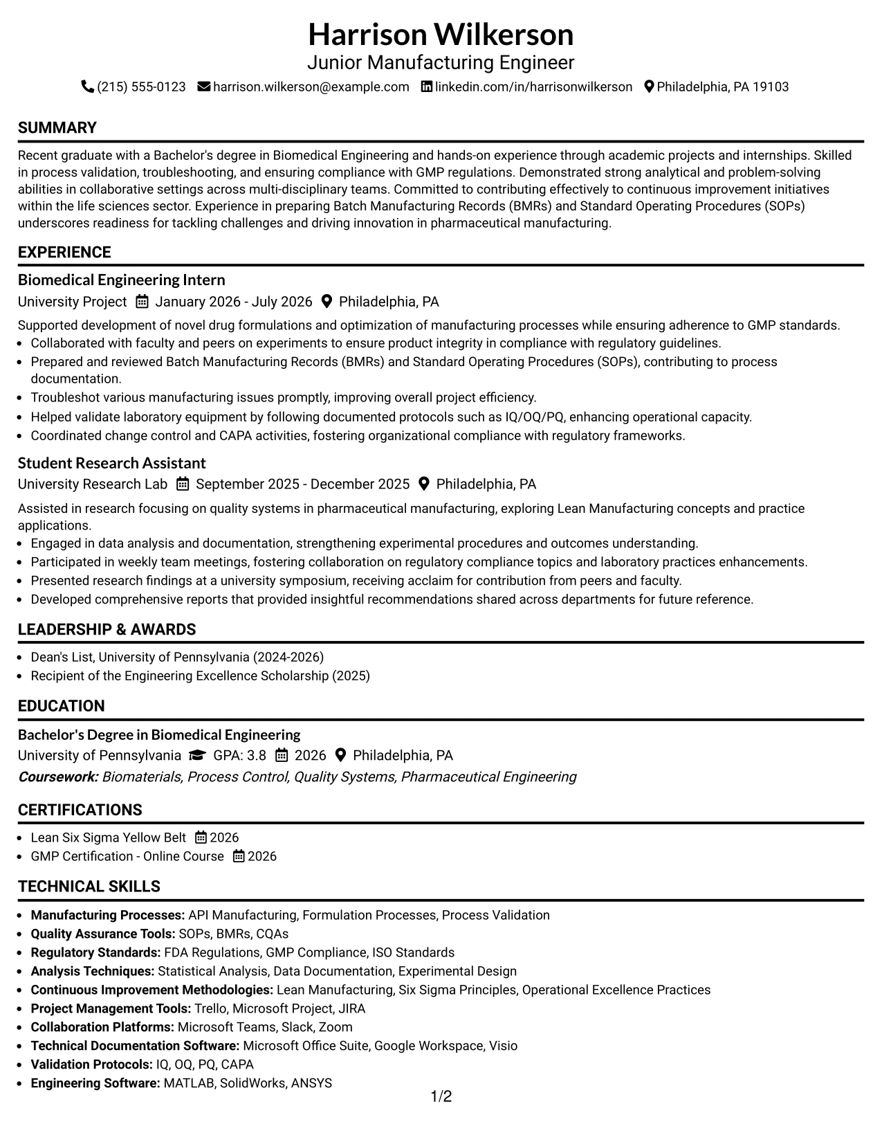 Resume Example Page 1