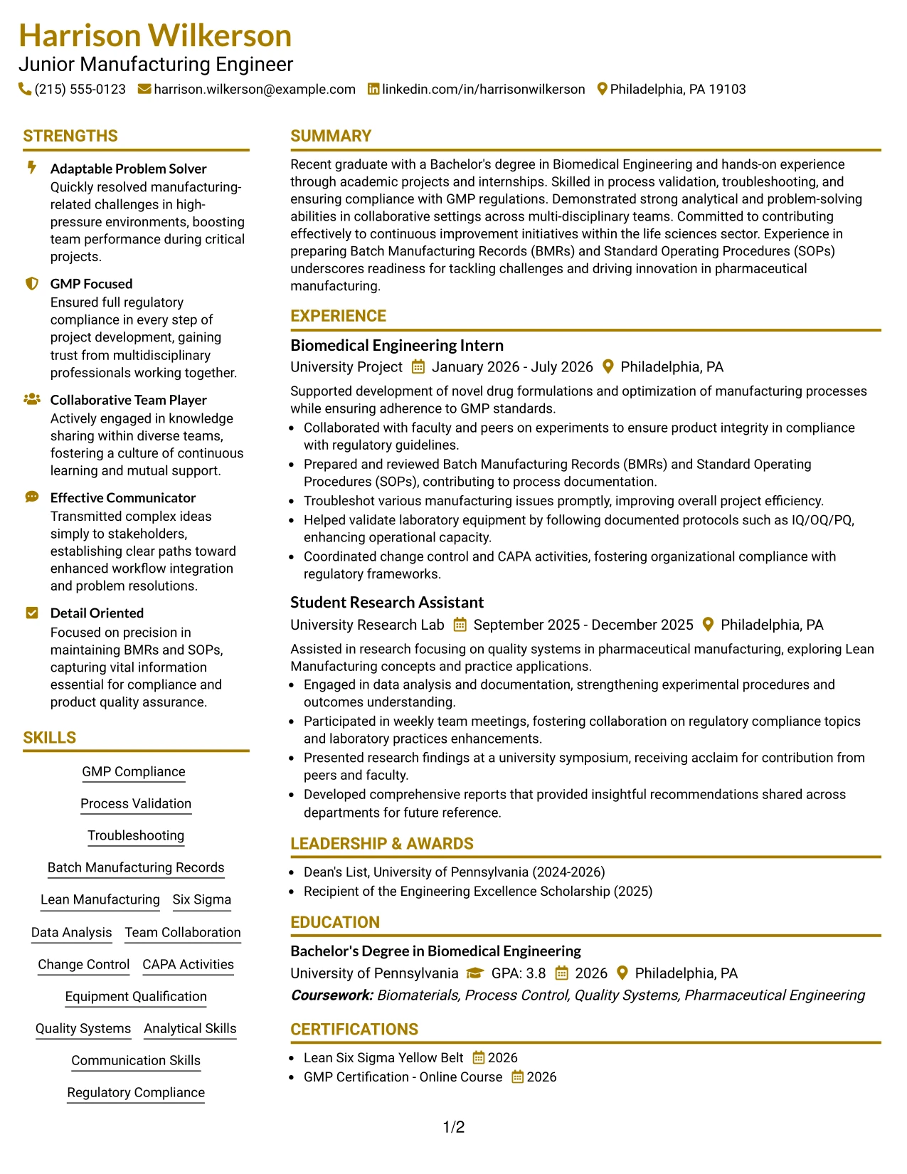 Resume Example Page 1