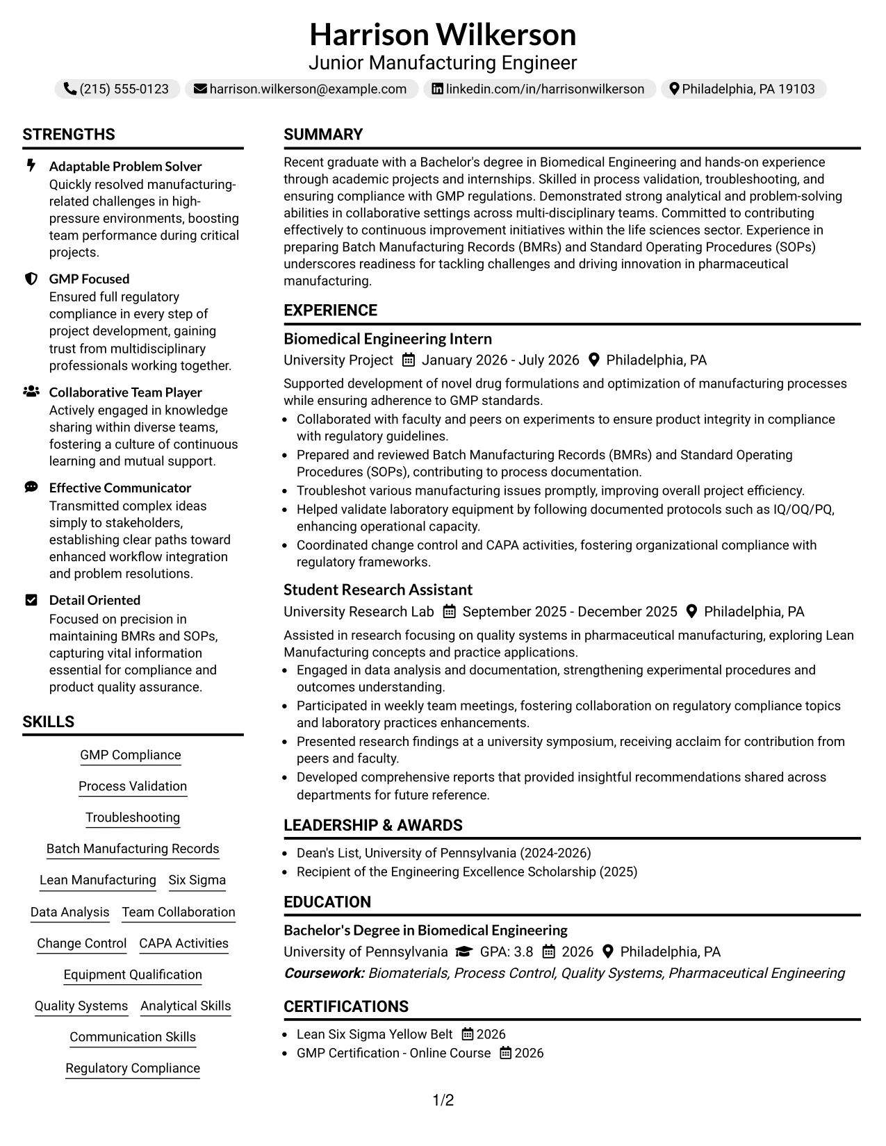 Resume Example Page 1