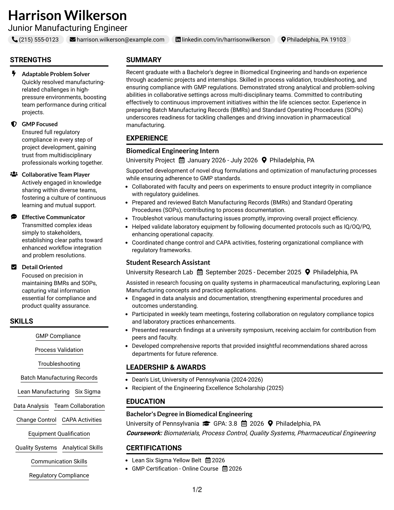 Resume Example Page 1