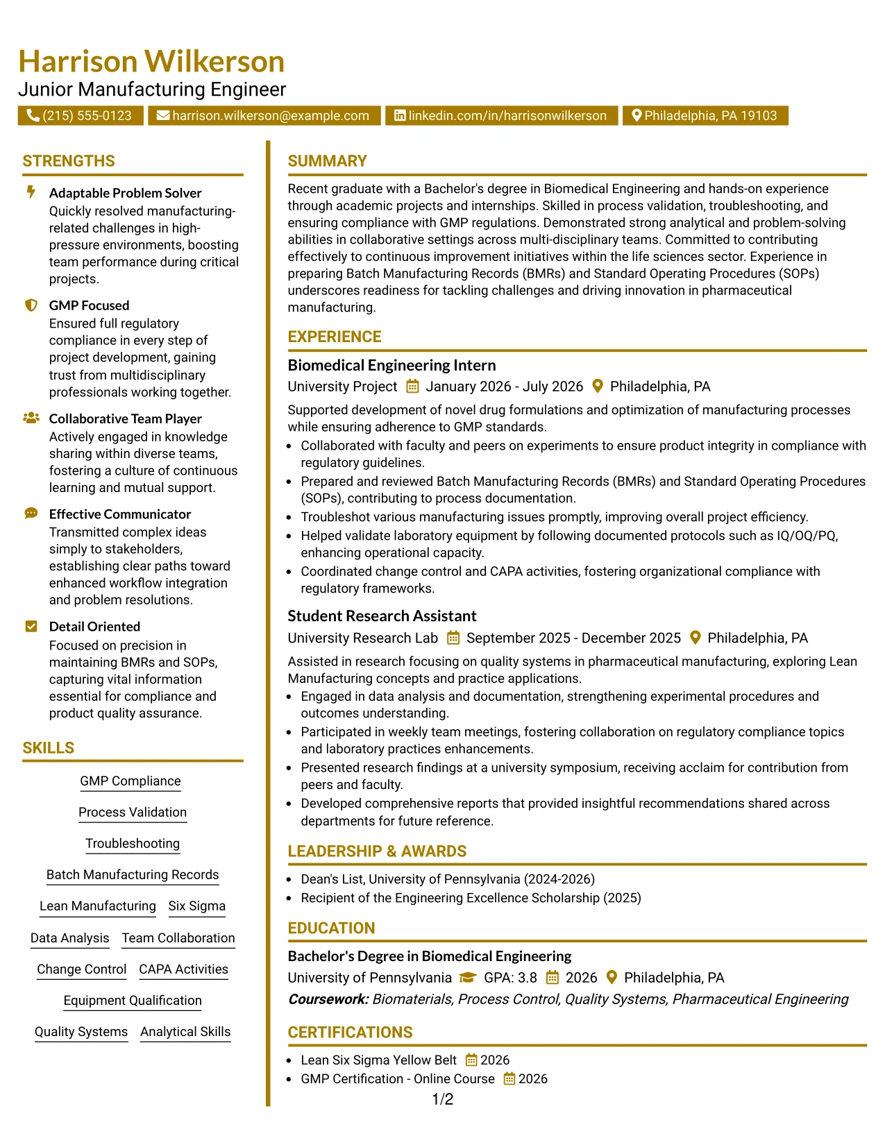Resume Example Page 1