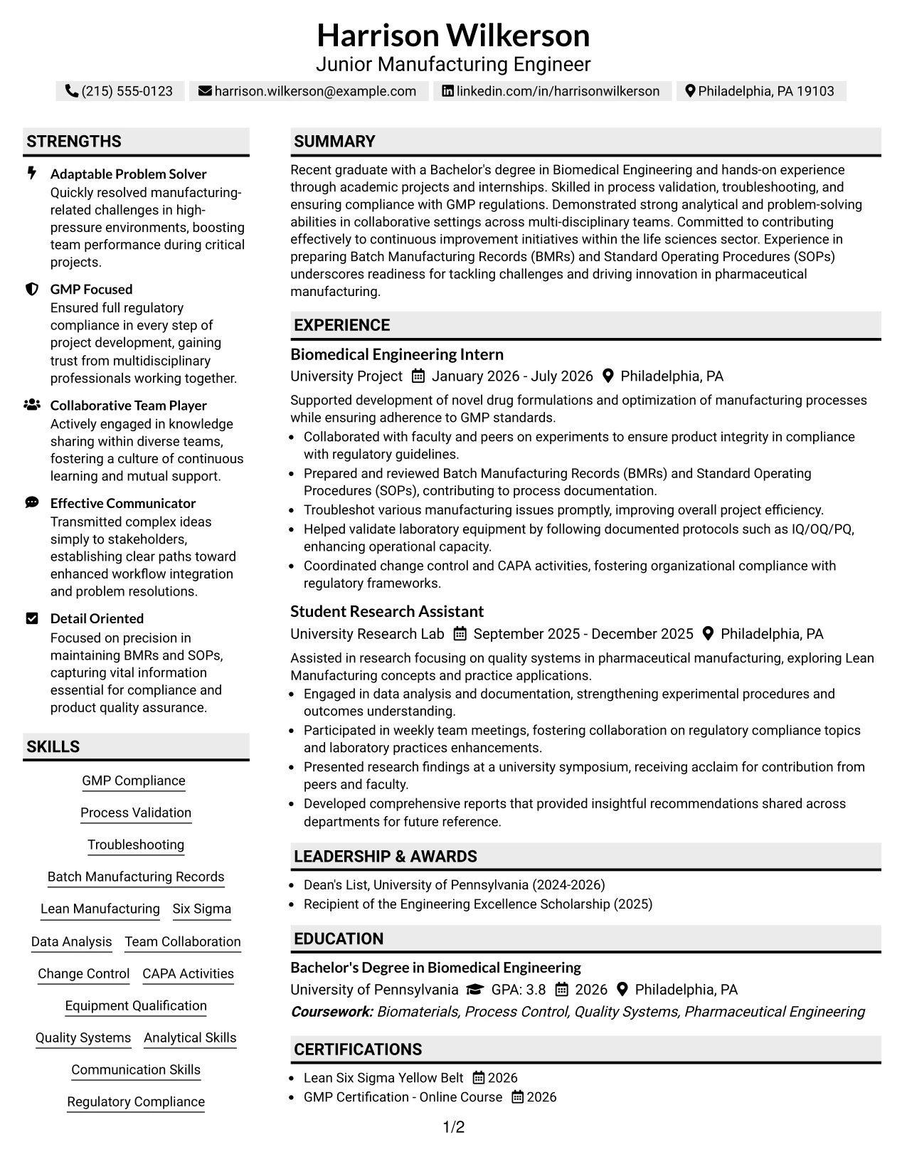 Resume Example Page 1