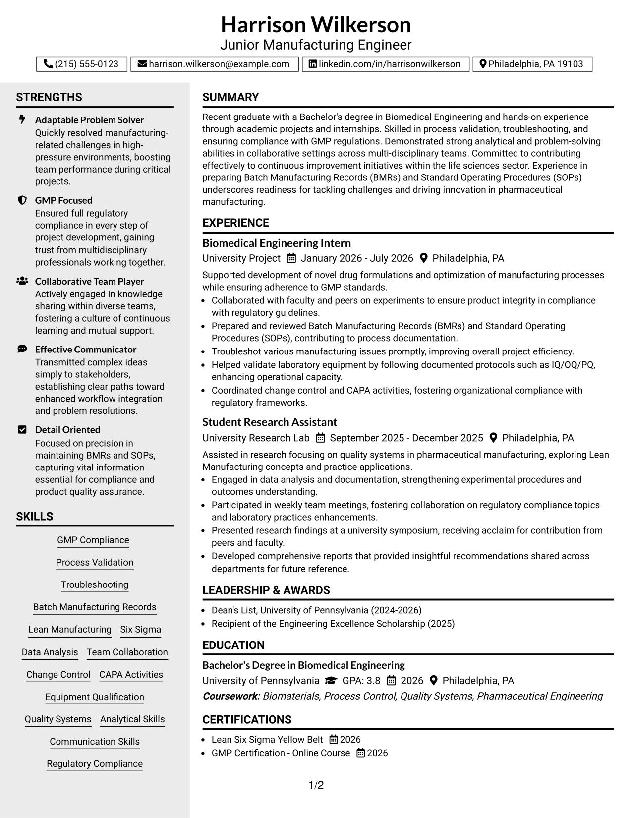 Resume Example Page 1