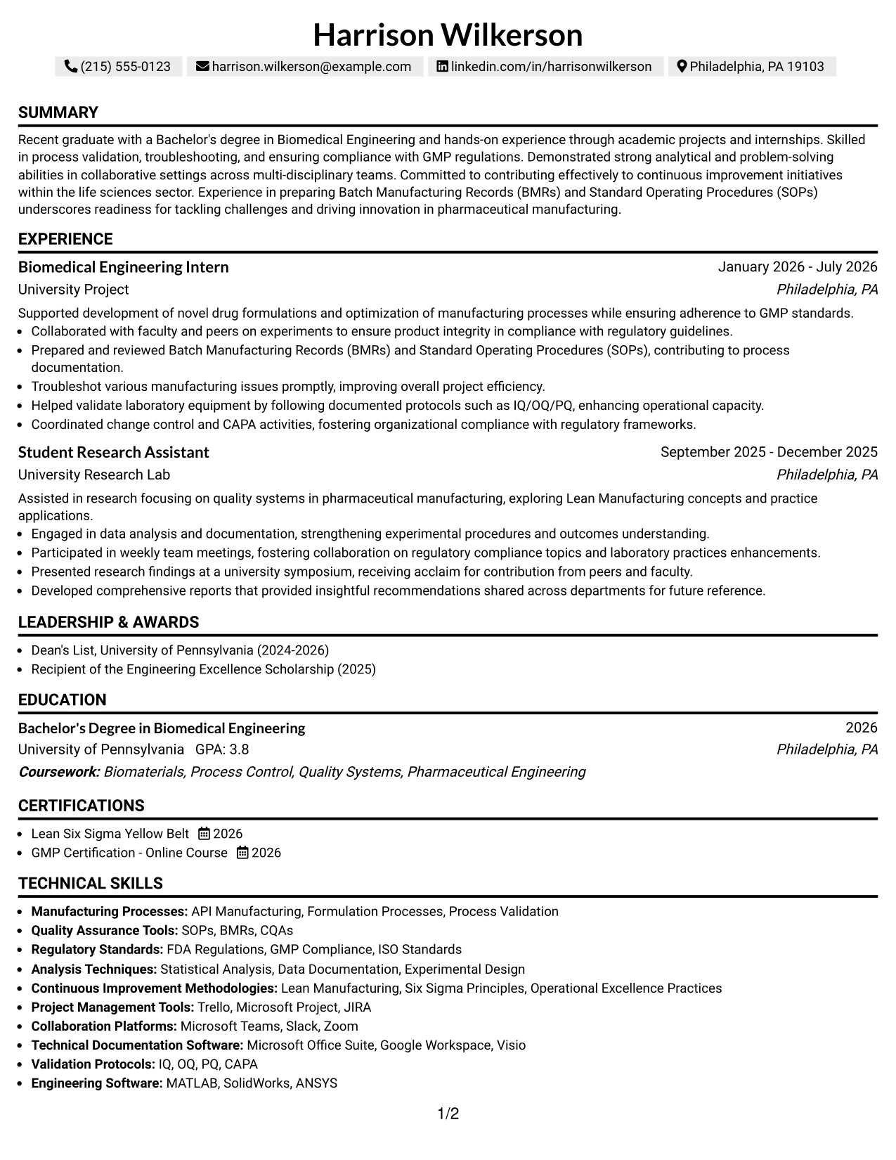 Resume Example Page 1