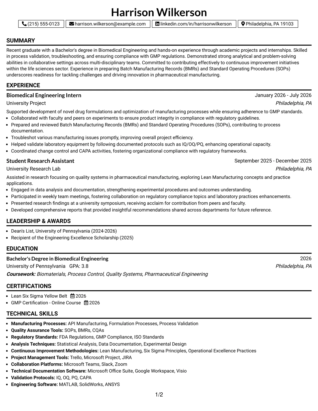 Resume Example Page 1