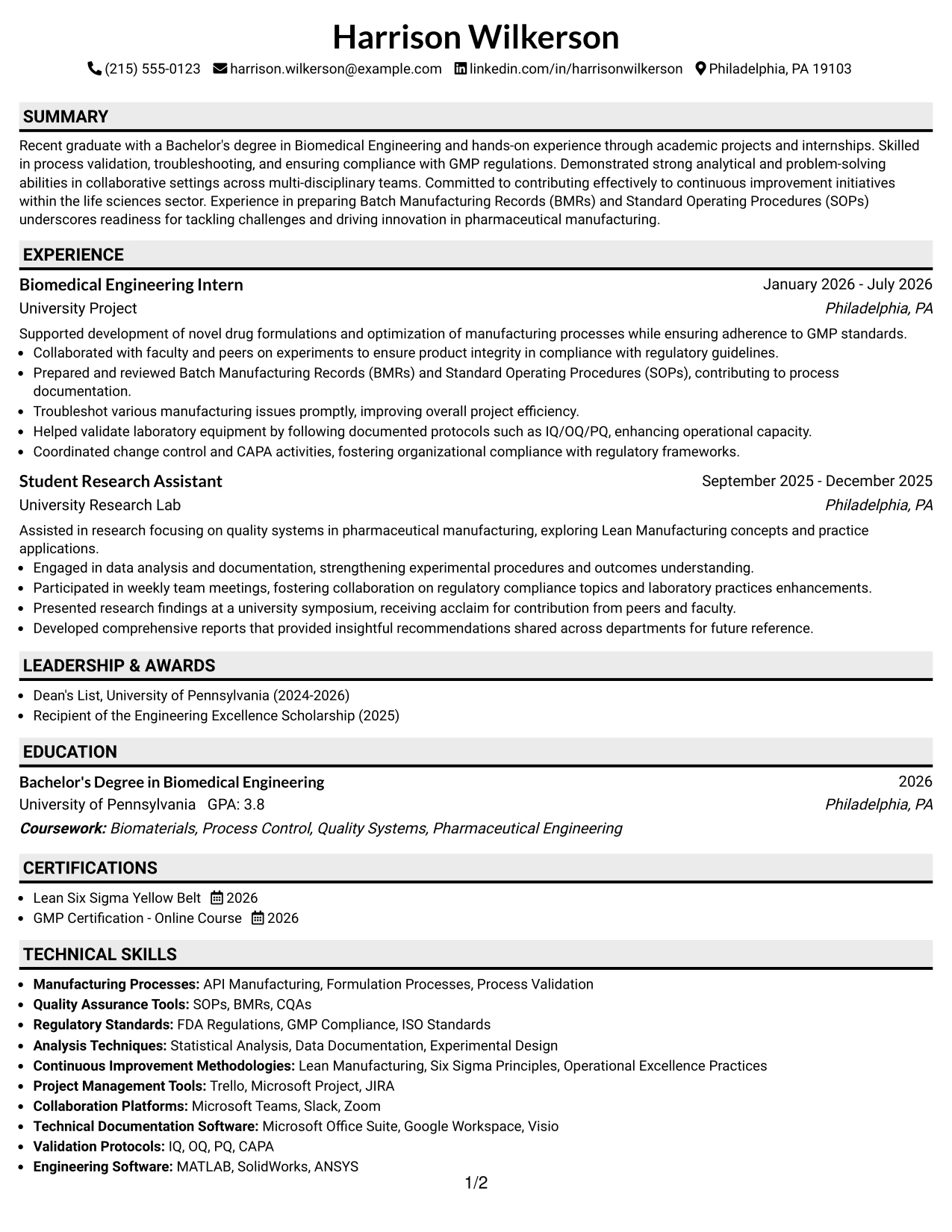 Resume Example Page 1