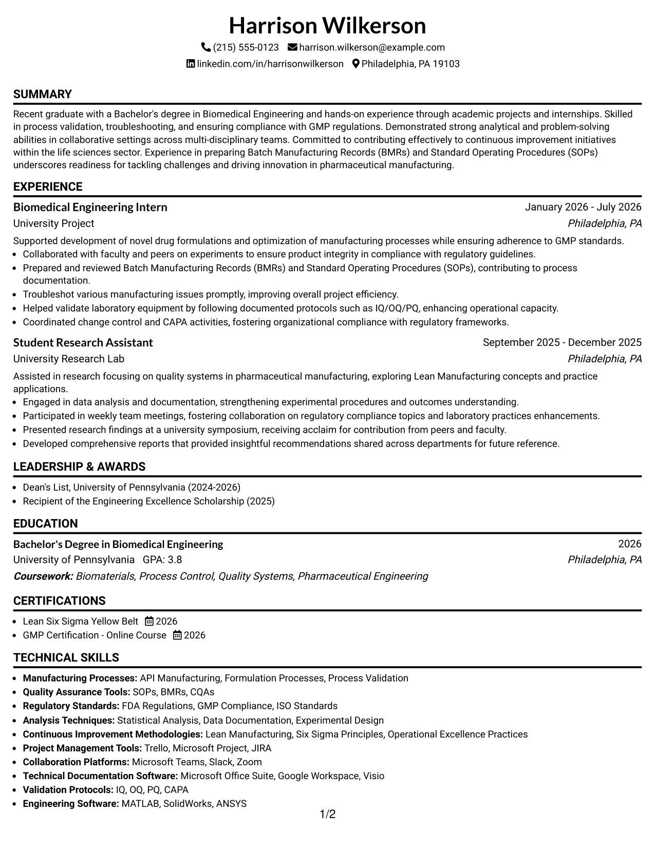 Resume Example Page 1