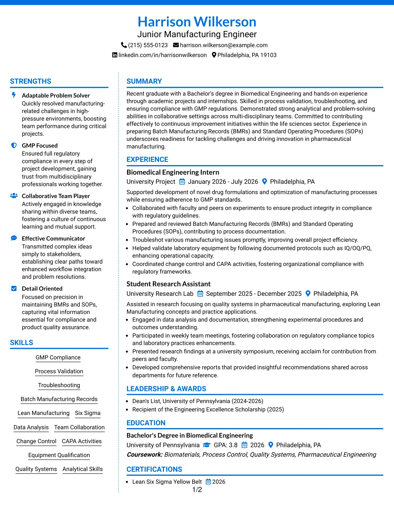 Resume Example Page 1