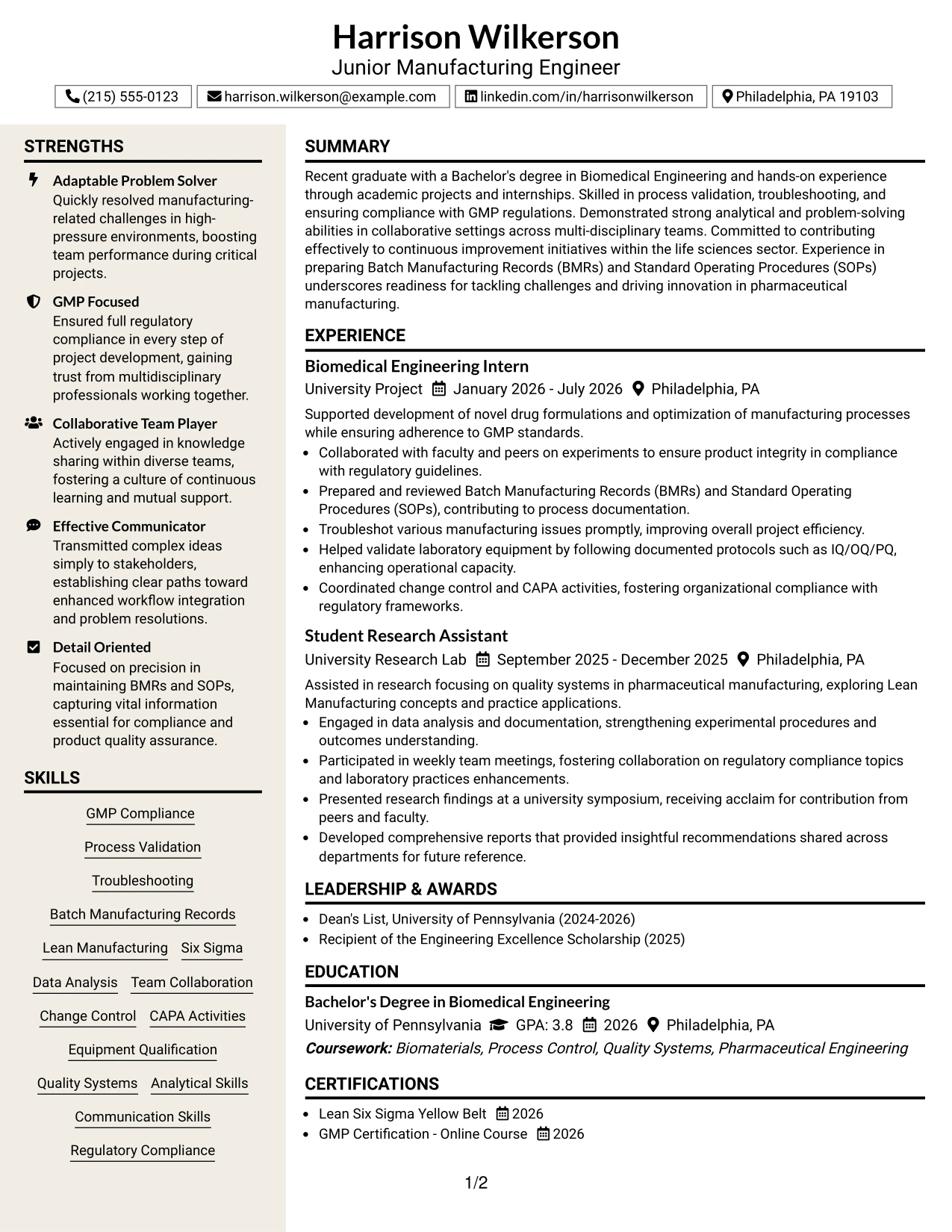 Resume Example Page 1